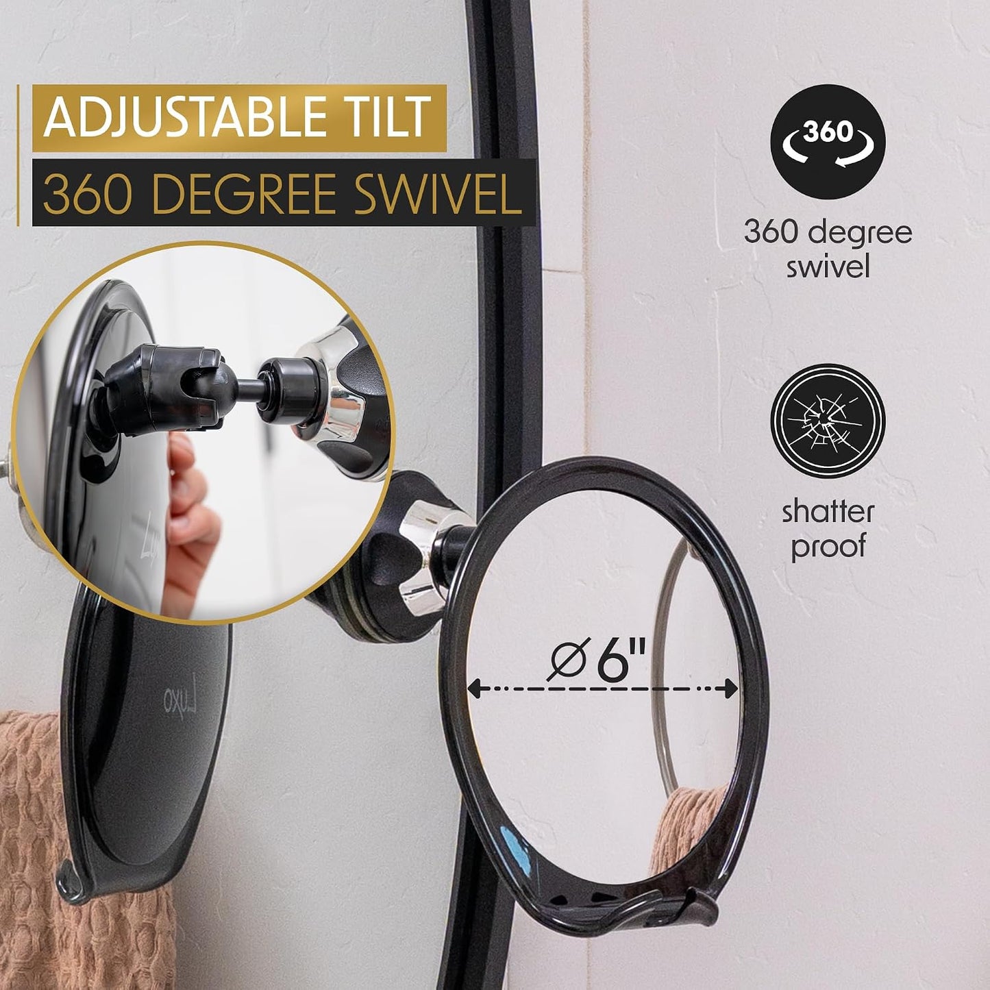 Luxo Shower Mirror - Fogless Shaving Mirror with Razor Holder & Suction Cup | Shatterproof Design (Black)