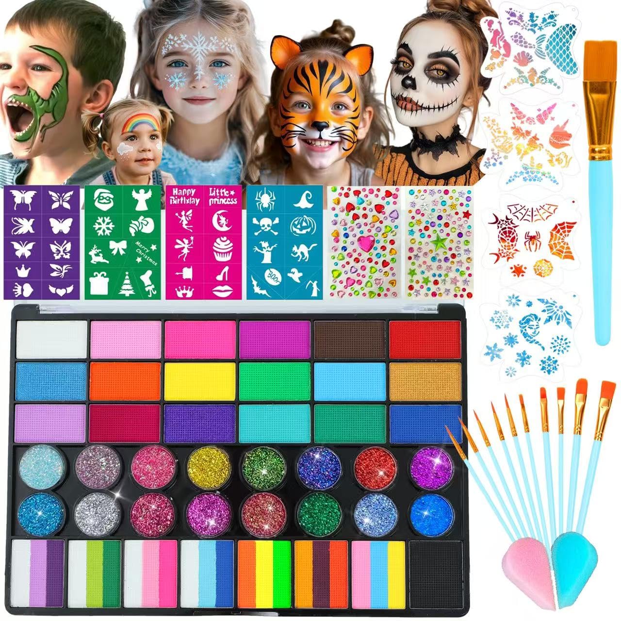 Face Painting Kit for Kids - 42 Color Non-Toxic Water Activated Makeup Set with Brush, Stencil & Sponge | Perfect for Parties & Holidays