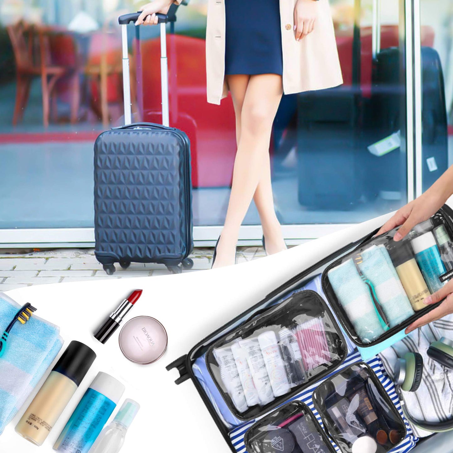 Damero 4pcs Clear Toiletry Bag Packing Cubes, Clear Toiletry Makeup Bag Organizers for Traveling, Business Trip, Black