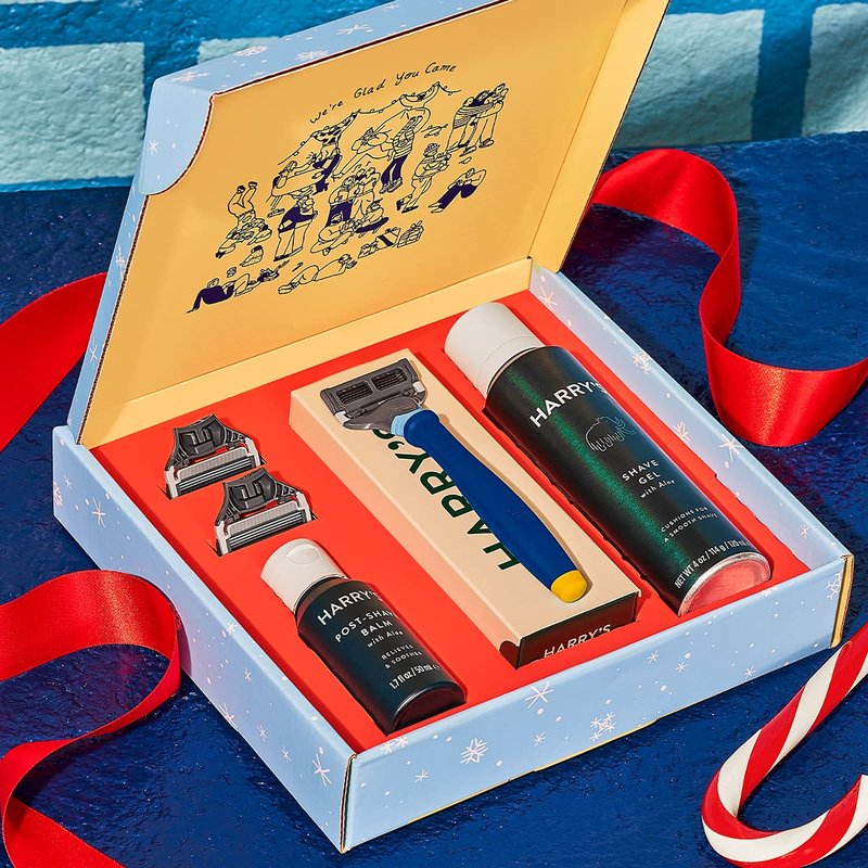 Harry's Original Holiday Shaving Gift Set for Men - Razor Handle, 3 Razor Blade Refills, Foaming Shave Gel, and Post-Shave Balm - German Engineered - Evening Blue