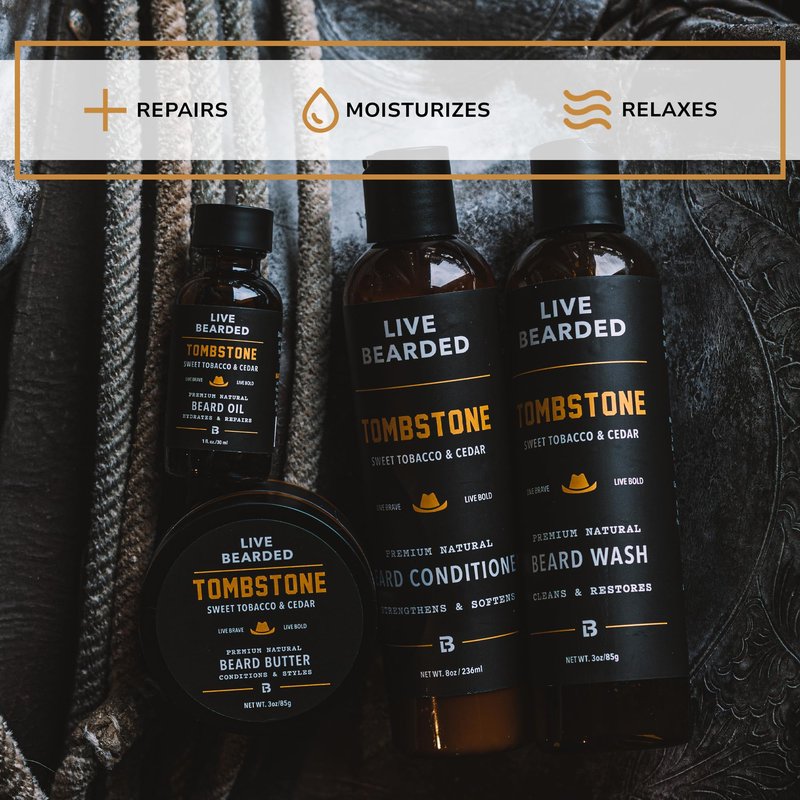 Live Bearded Complete Beard Grooming Kit, Made in the USA with All-Natural Ingredients - Beard Wash, Conditioner, Beard Butter & Beard Oil Kit - Mens Gift Set, in Scent Tombstone, Tobacco & Cedar