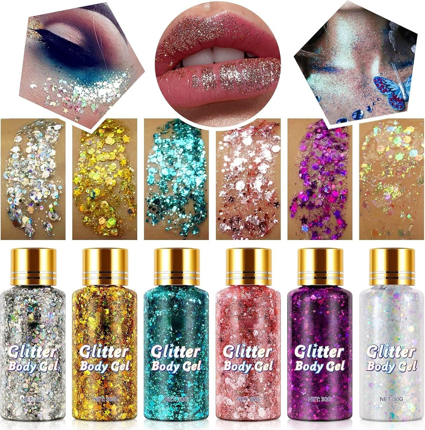 Body Glitter Gel Set - 6 Colors Shimmering Face & Hair Glitter | Festival Makeup & Rave Accessories