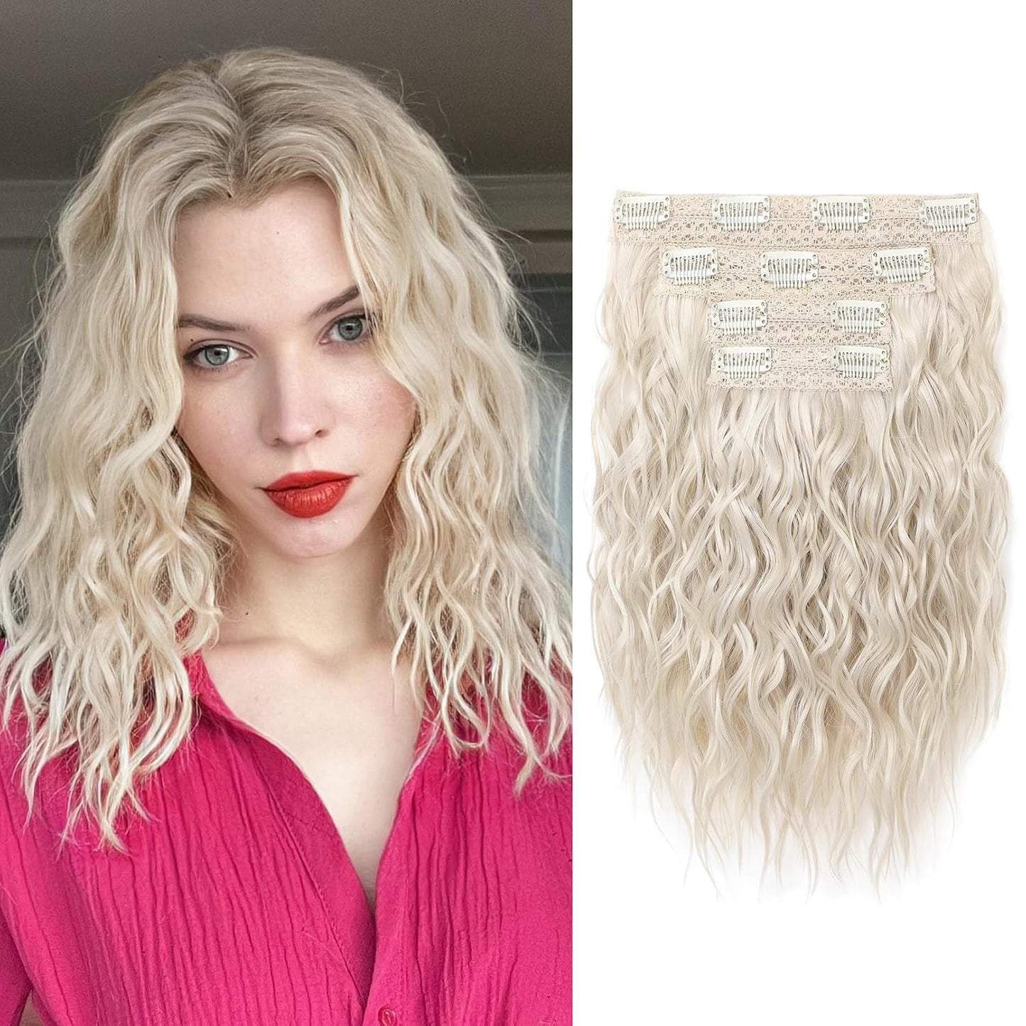 Clip-In Hair Extensions - 12" Short Curly Wavy Platinum Blonde | Invisible Lace Weft, Natural Soft Hairpieces for Women