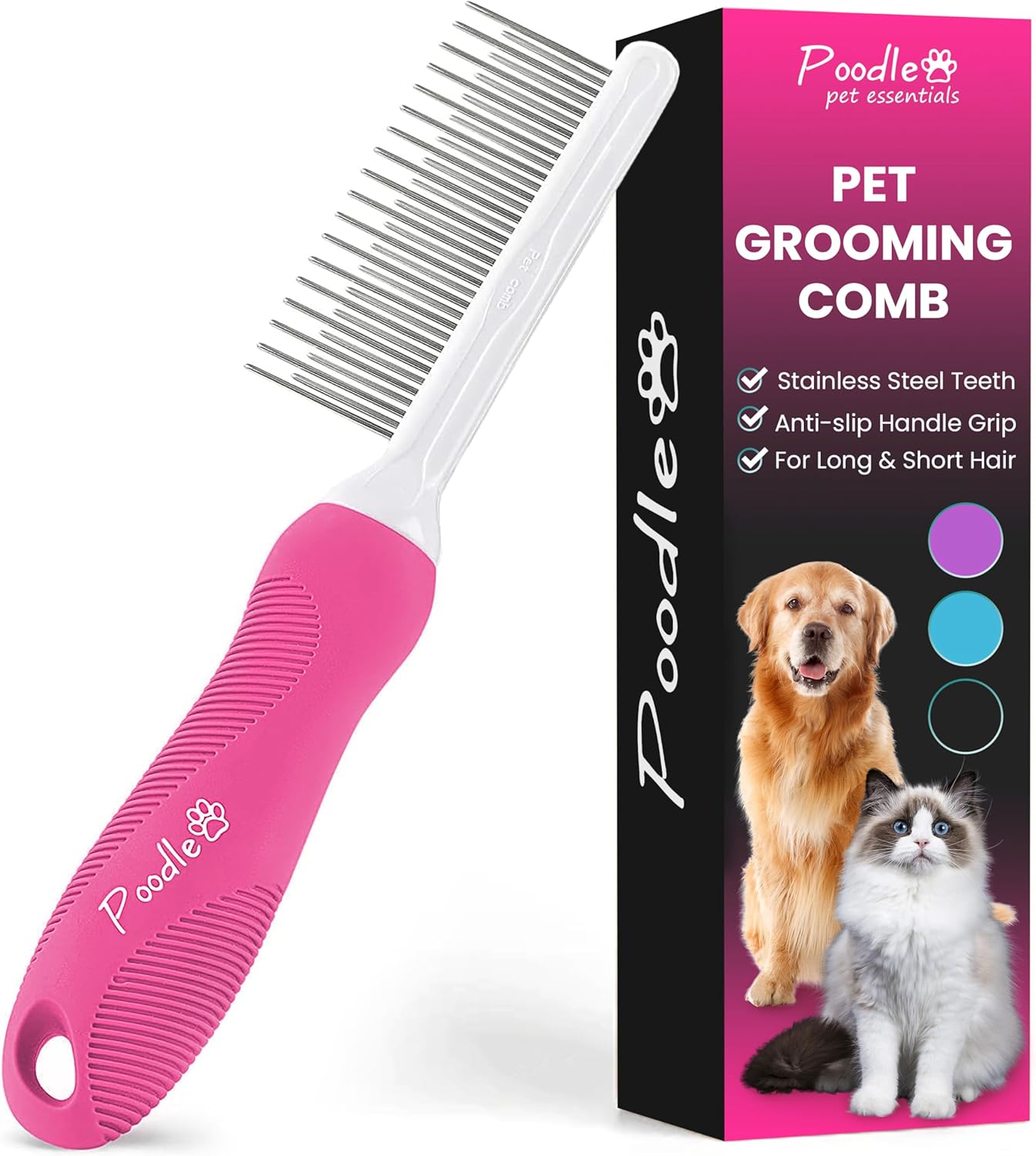 Poodle Dematting Fur Rake Comb - 2.5" Steel Blades for Dogs & Cats | Detangle Matted Undercoat Hair
