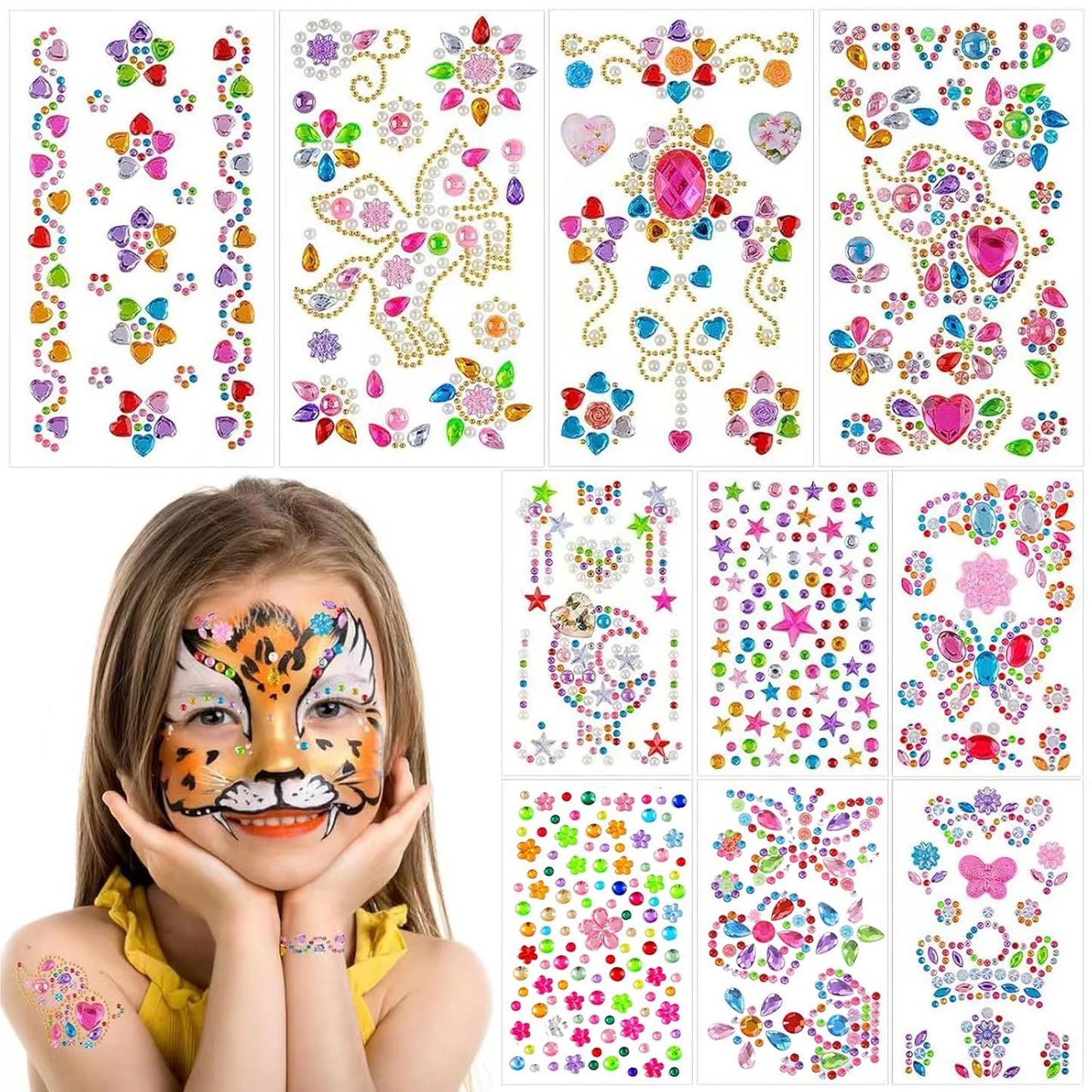 Face Gems - Self-Adhesive Rhinestone Stickers for Eye & Body Makeup | 10 Sheets of Butterfly, Star & Flower Designs