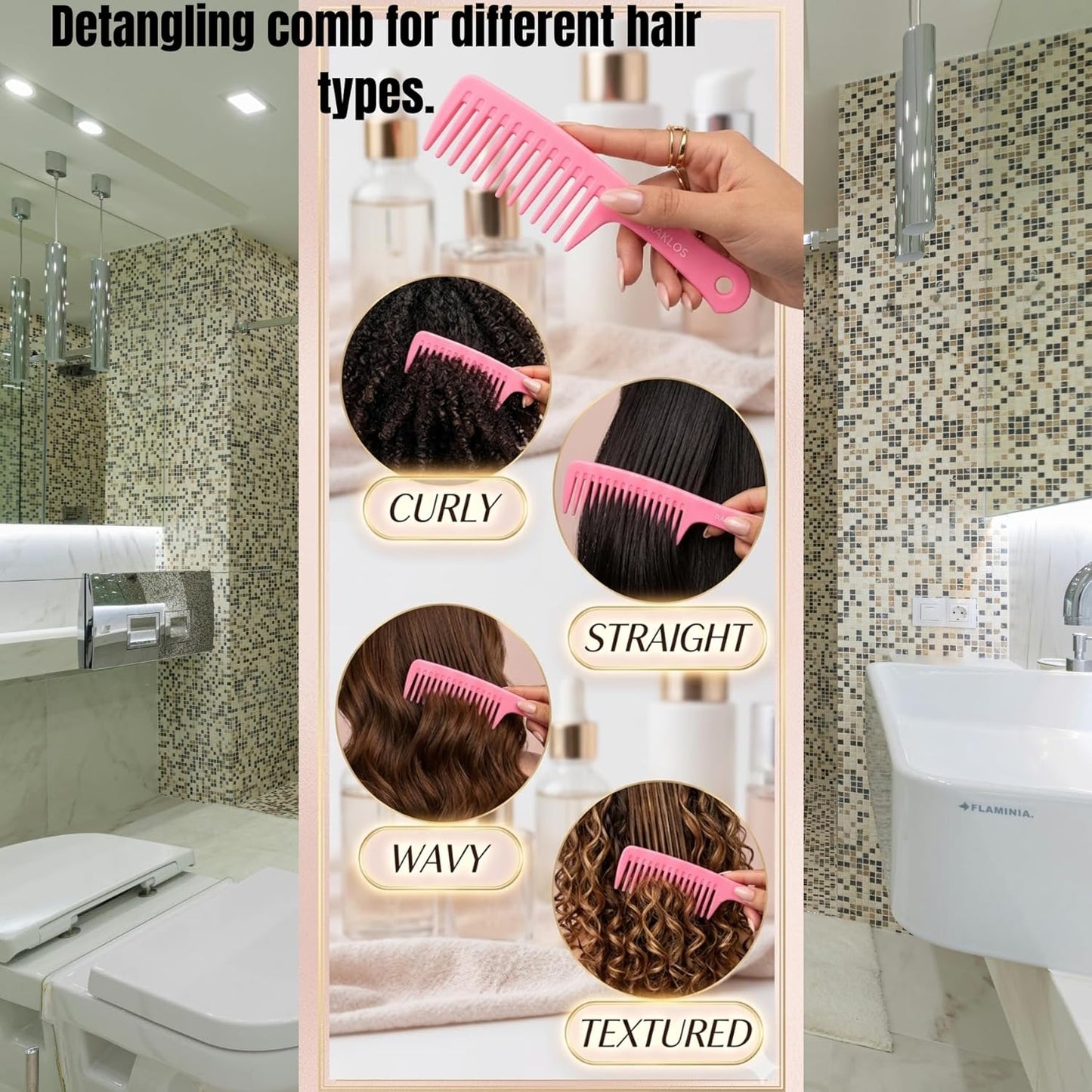Wide Tooth Comb Hair Detangler - Curly Wet & Dry Hair Tool | Pink Color