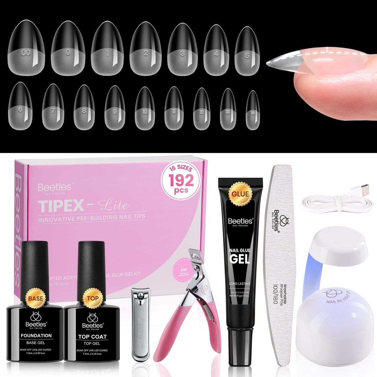 Beetles Tipex Lite Apex Nail Tips Kit, Short Almond, 192pcs 16 Sizes,with Solid Nail Glue, Base & Top Coat, Mini UV Lamp, Nail Clipper & Cuticle Nipper, for DIY Salon-look Extensions Kit