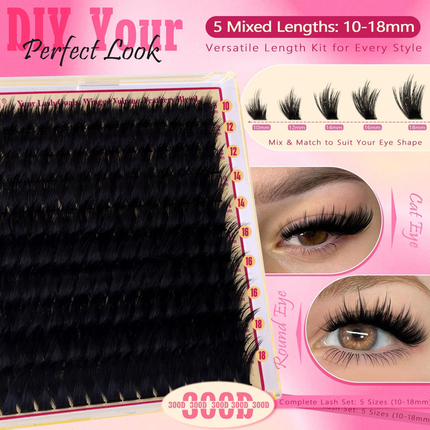 Volume Lash Clusters with Spiky Manga Lash Clusters 300D Eyelash Clusters 10-18MM Thick Wispy D Curl Cluster Eyelash Extensions 3D Fluffy Cluster Eyelash Extensions by FANXITON