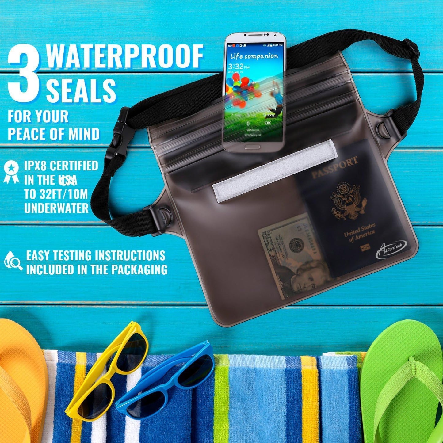 AiRunTech Waterproof Fanny Pack - Dry Bag for Phone, Passport & Wallet | Ideal for Travel, Beach & Kayaking