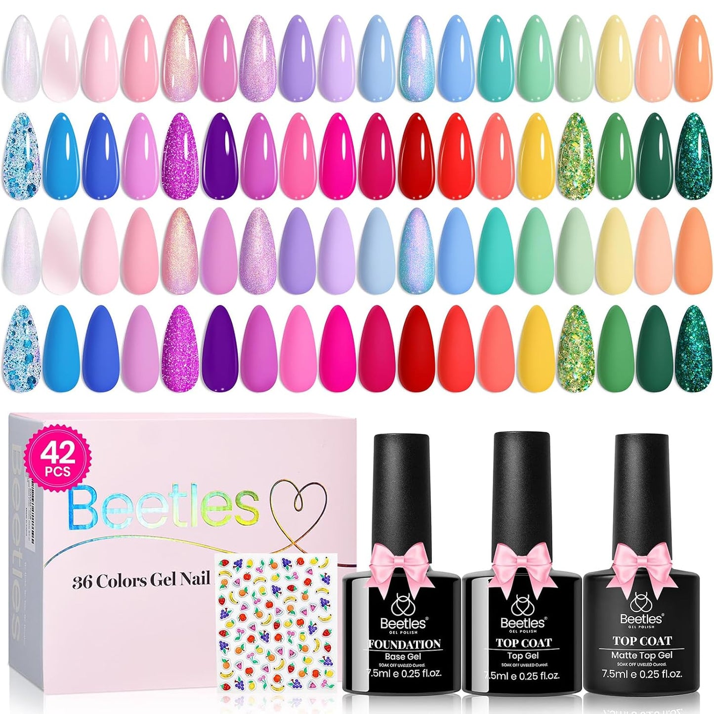 Beetles Gel Nail Polish Set - 32 Vibrant Colors | UV LED Soak Off Nail Kit with Base & Top Coat