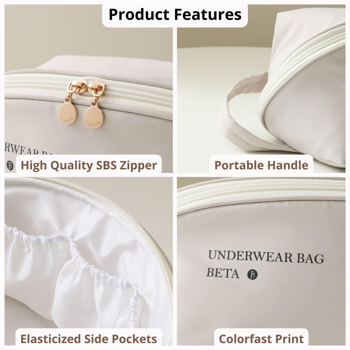 Tianzong Women's Travel Underwear Organizer Bag, Large Capacity Packing Cube for Bras, Panties and Socks (XL Beige)