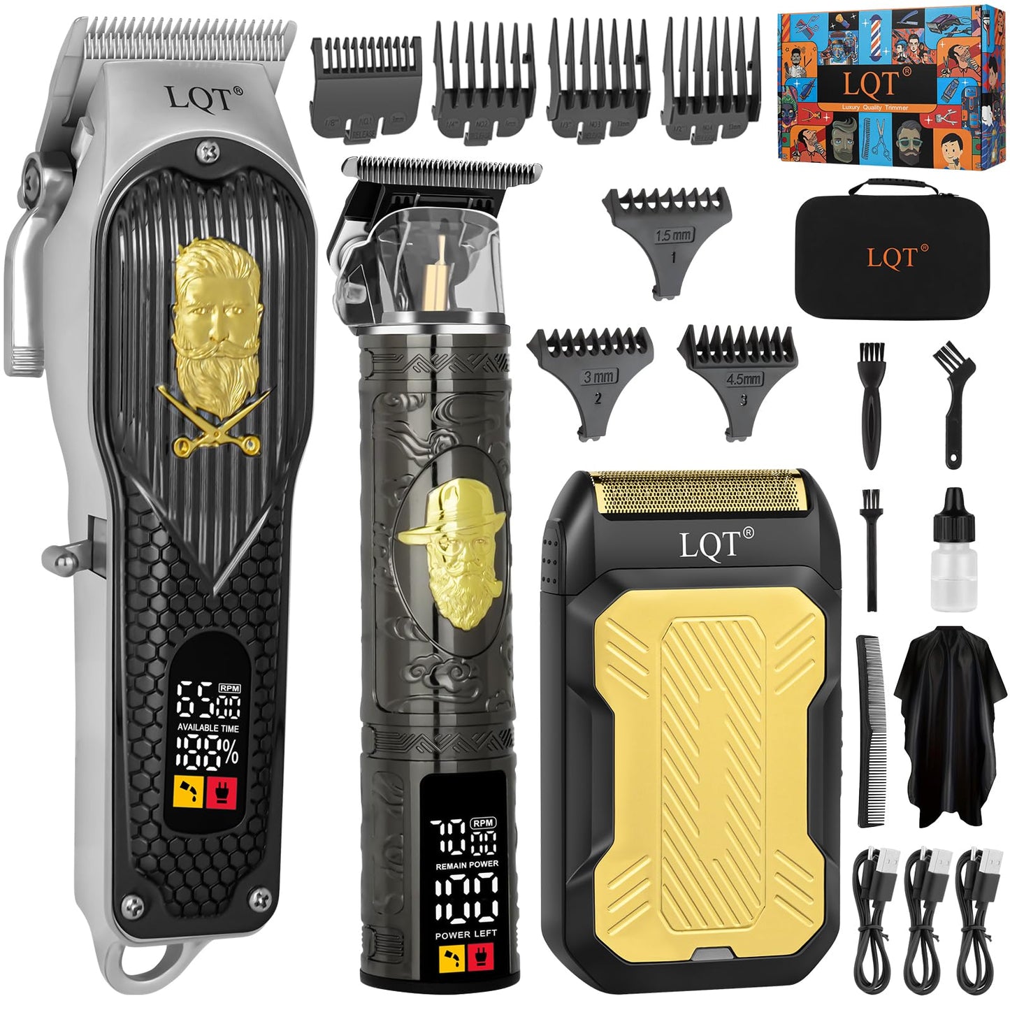 LQT Professional Cordless Hair Clippers and Precision Beard Trimmer Set for Men, Grooming Kit with Foil Shaver, USB Rechargeable Hair Cutting Machine, LED Display, Gifts for Men