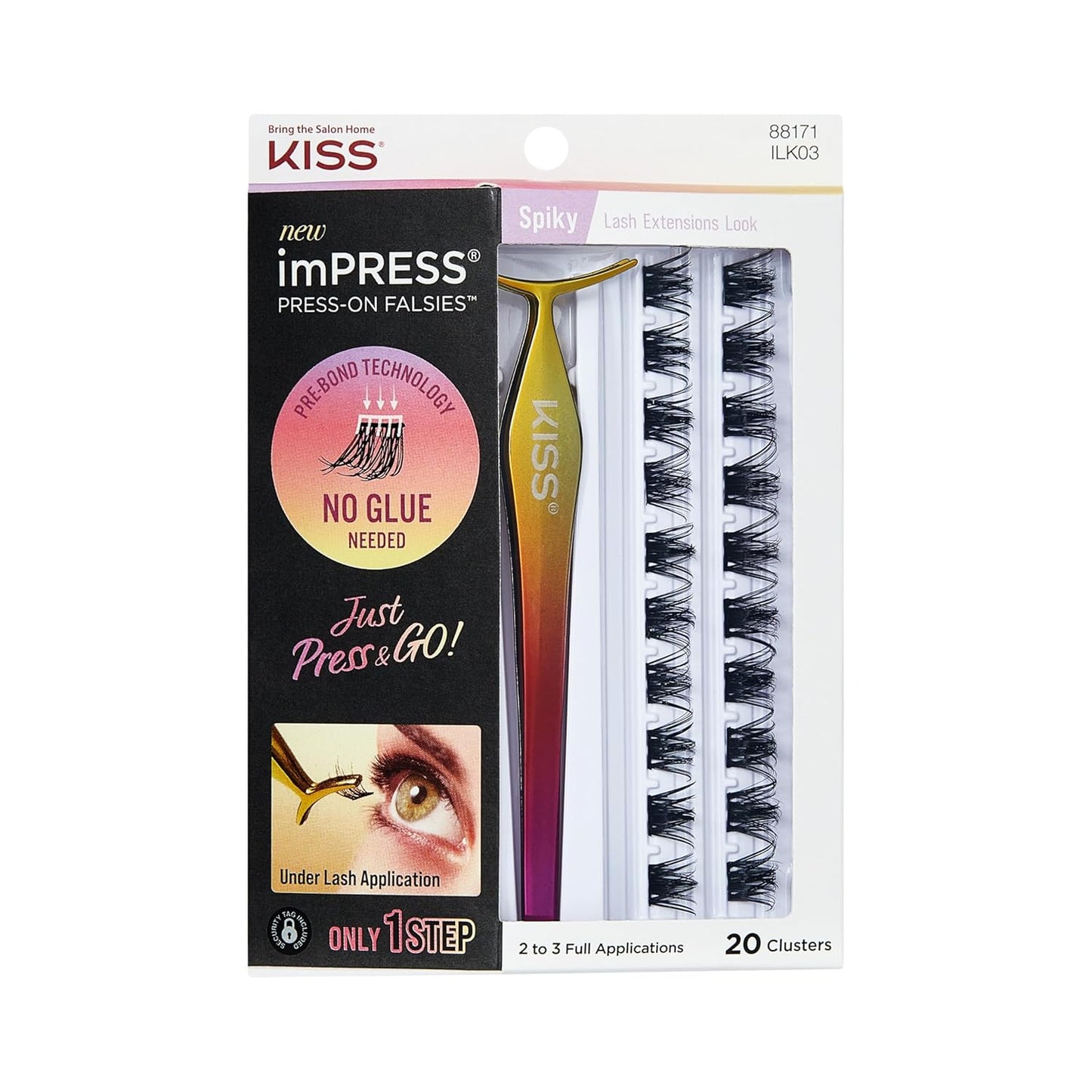 Kiss Impress Falsies Self-Adhesive Eyelashes - Glam Volume Lashes, 12mm-14mm, Black, No Glue Needed, 36 Clusters