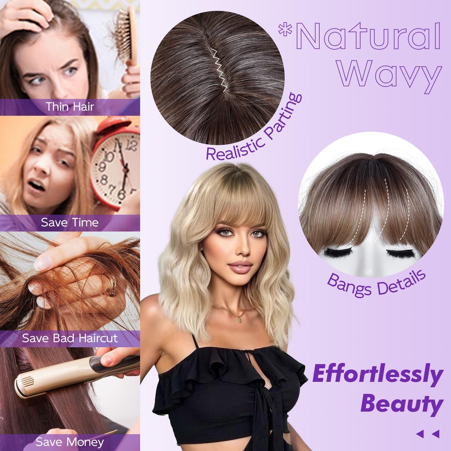 Short Wavy Wig with Bangs - Natural Curly Synthetic Hair for Women | 14-Inch Brown with Blonde Highlights