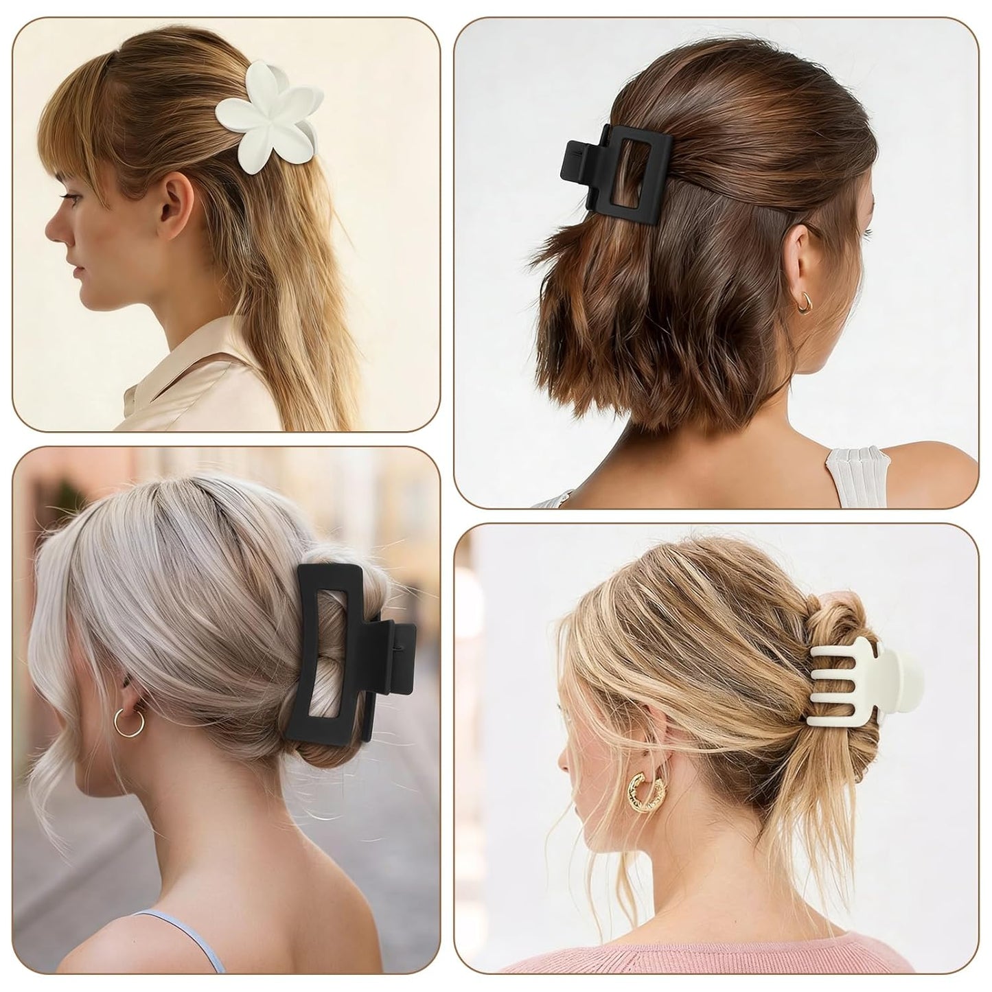 Matte Hair Clips for Women - Strong Hold Non-Slip Claw Clips | 8 Pcs in Neutral Colors (White & Black)