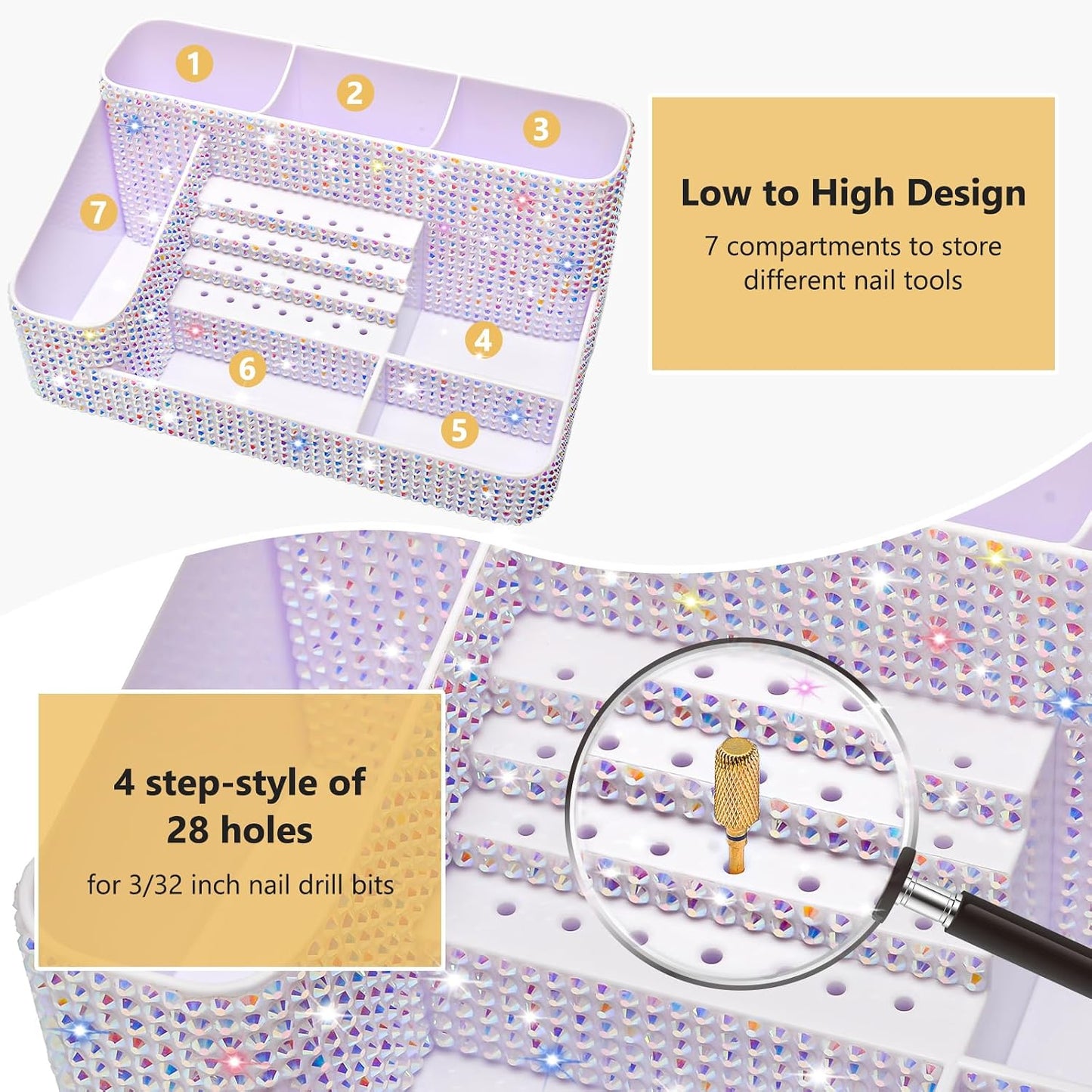 Nail Drill Holder - 28 Holes Bit Organizer for Nail Techs | Bling White Design