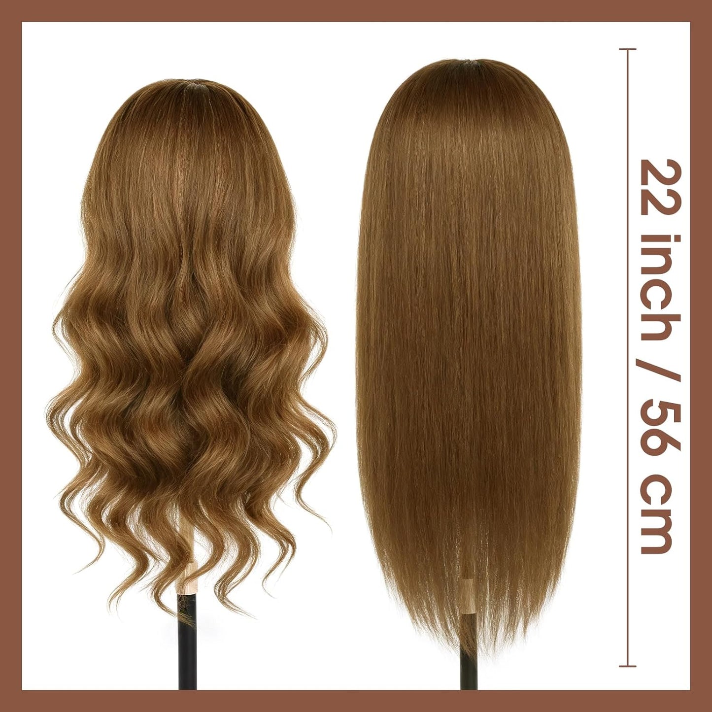 Realistic Human Hair Mannequin Head - 22" Light Brown Cosmetology Training Doll with Clamp & Styling Tools