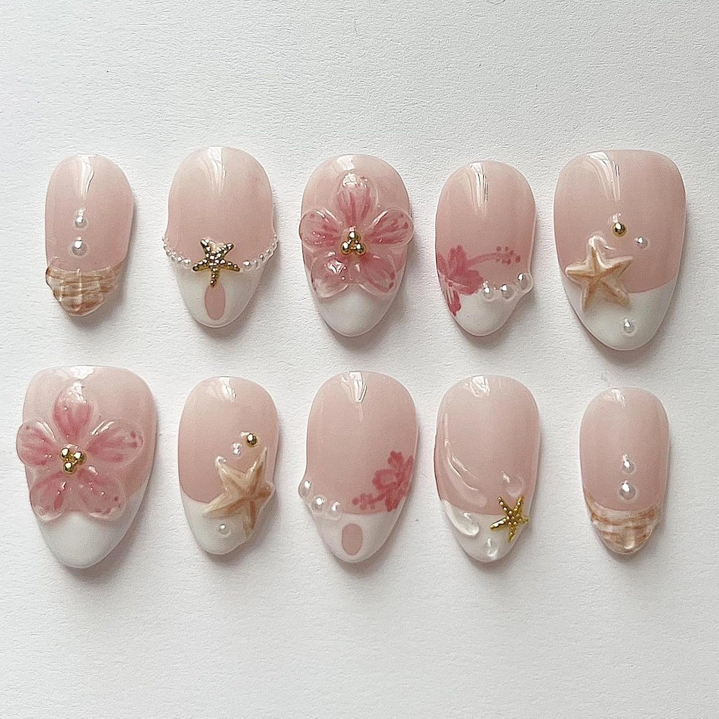 3D Pink Flower Press-On Nails - Nude Pink Gradient French Tip | Medium Almond, Reusable 30 Pcs for Weddings