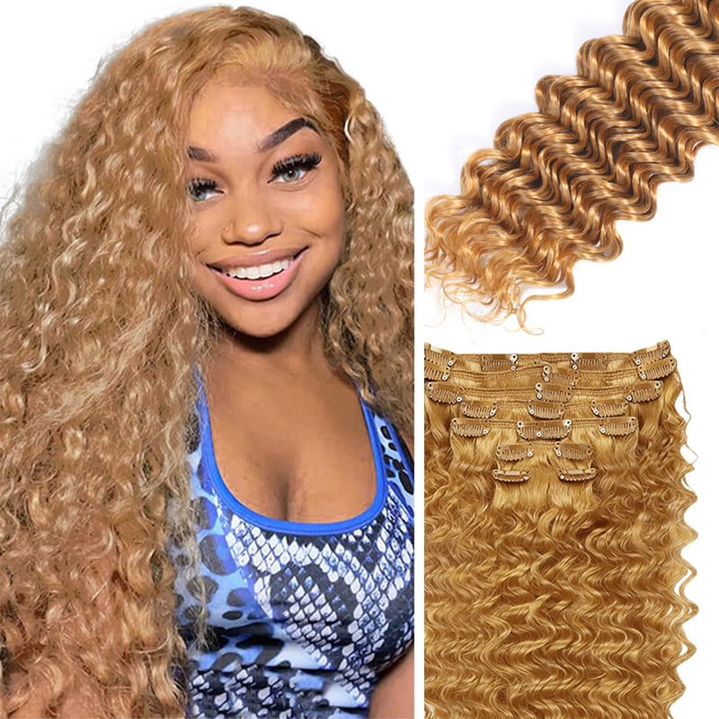 #27 Blonde Clip in Hair Extensions Real Human Hair,24 Inch 120g/7Pcs,Full Shine Remy Human Hair,Honey Blonde Deep Wave Clip ins Brazilian Virgin Human Hair Extensions