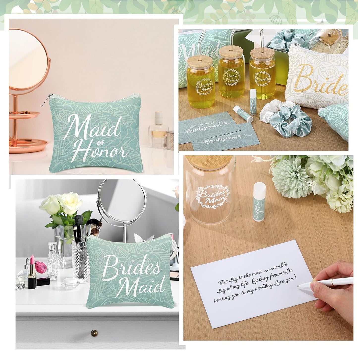 Bridesmaid Proposal Gifts - 54 Pcs Set with Makeup Bag, Glass Cup & Bracelet | Green & White