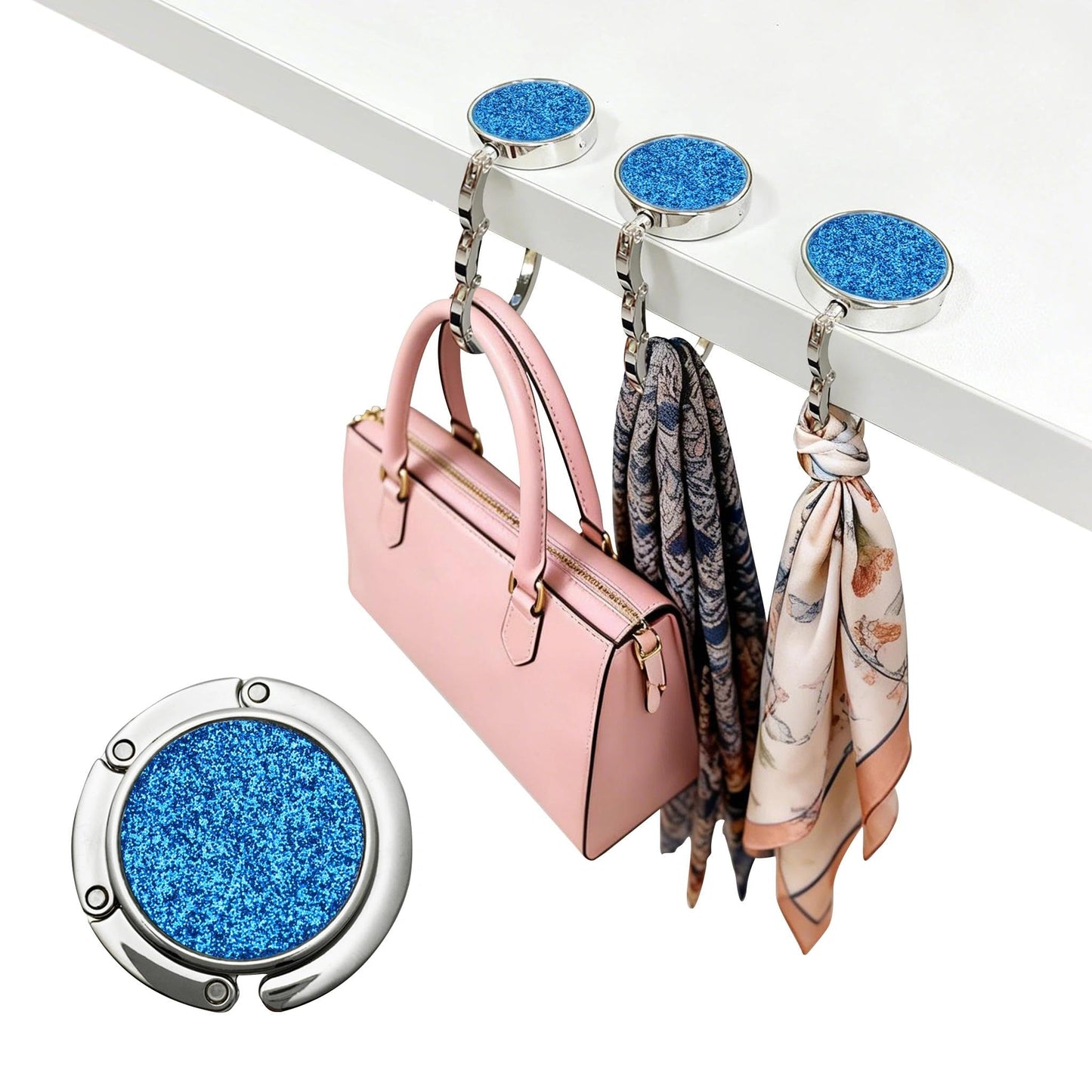 2 Pcs Foldable Purse Hook for Table Hangers, Purse Hanger for Tables, Folding Handbag Hooks for Tables, Folding Decor Table Hook Bag Hanger Holders(Blue)