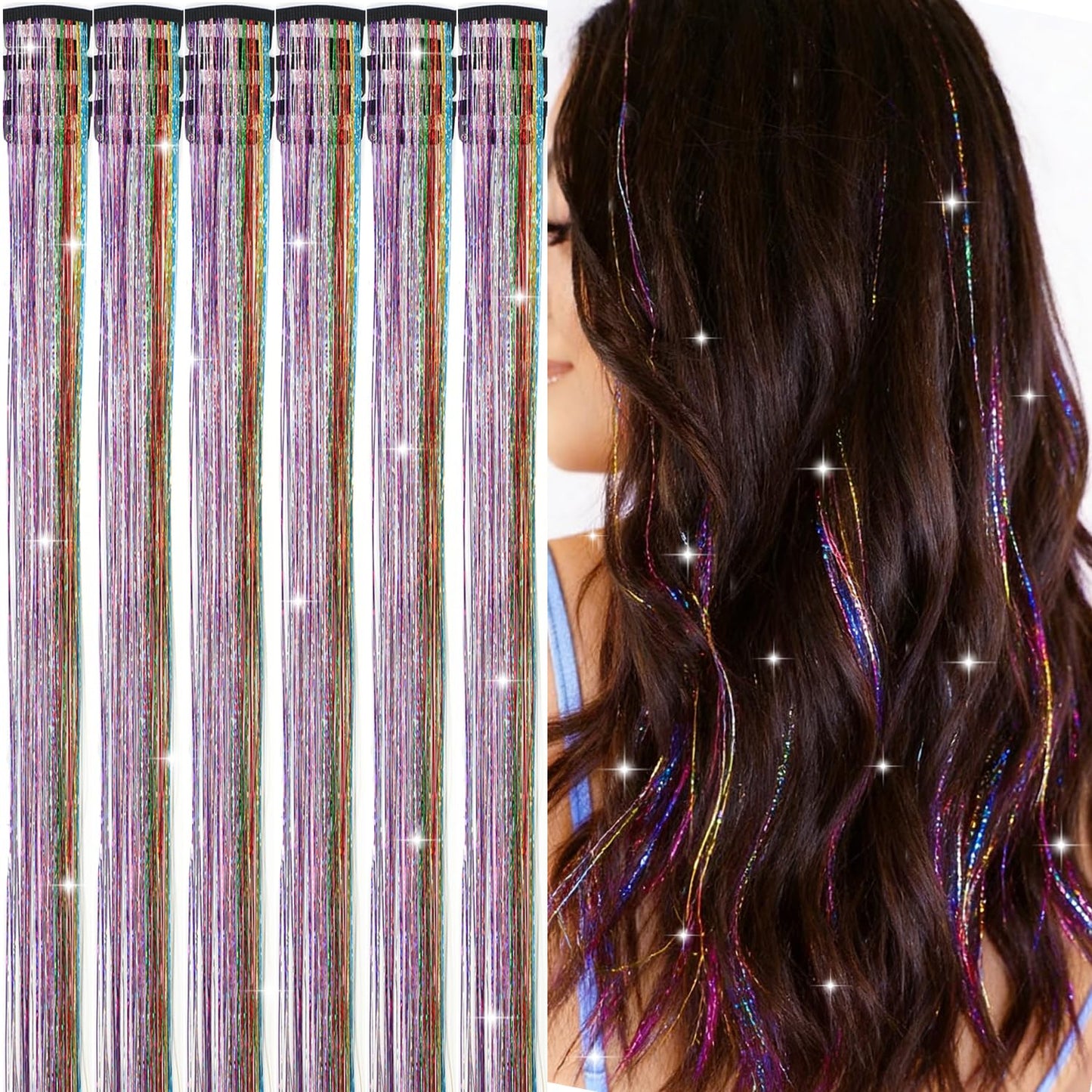AIFIHIYI Hair Tinsel Clip in 18 Pcs Colorful Clip In Tinsel Hair Extensions, Fairy Hair Tinsel Clips in Glitter Hair Tinsel Kit Accessories for Girls Women Festival Party Daily Use (Colorful-18Pcs)