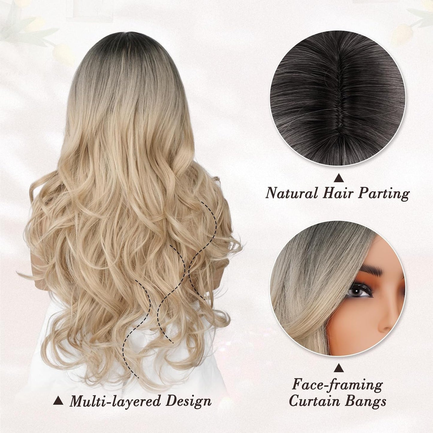 Long Wavy Blonde Curtain Bangs Wig - 26" Synthetic Ombre Wig with Dark Roots | Soft Natural Look