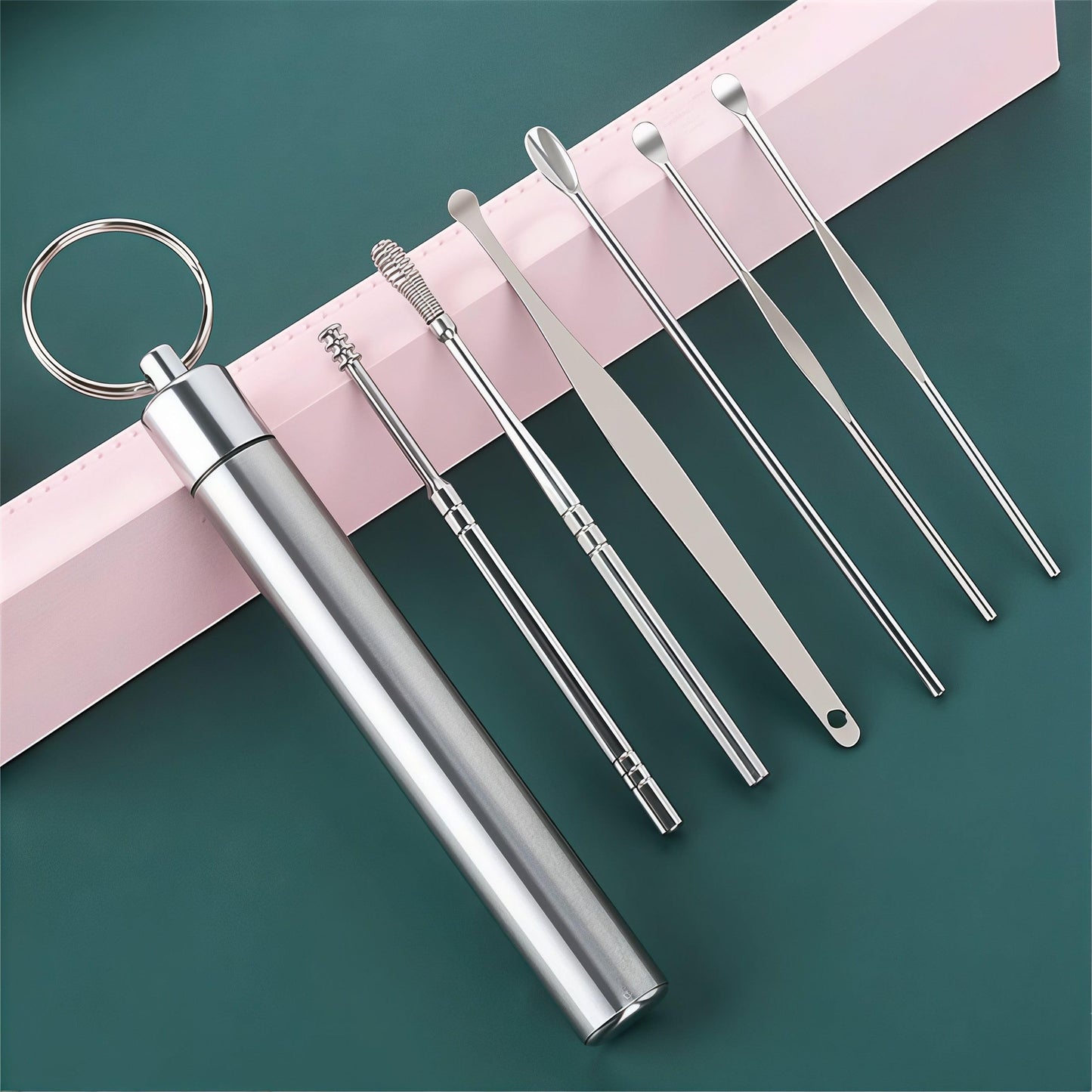 Cylindrical Ear Pick Set, Stainless Steel Cylindrical Design Portable 6-Piece Kit for Travel Home Personal Ear Care, Silver
