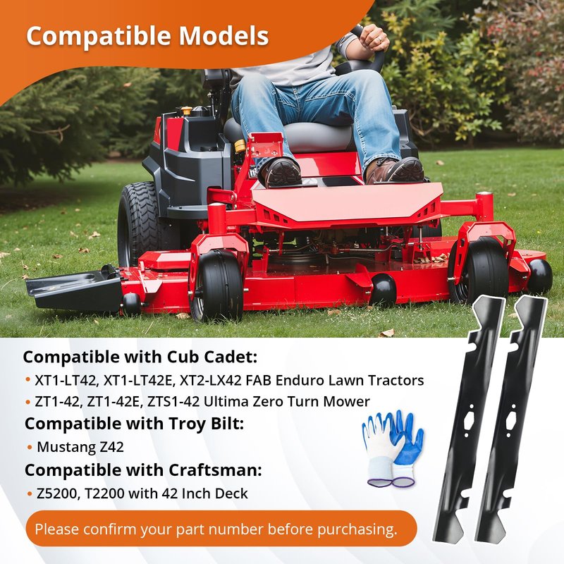 742P05177A-X Mulching Mower Blades Compatible With Cub Cad et 42" Decks XT1-LT42 XT2-LT42, 490-110-C202 lawn Mower Blade Fit for Crafts man T2200, Replace 742-05177A-X 490-110-Y202, 2 Pack With Gloves