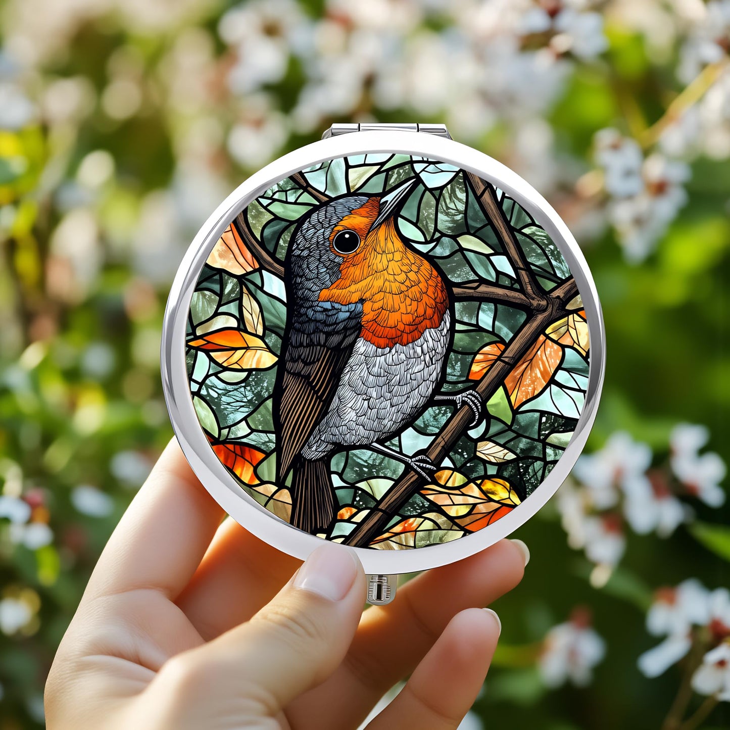Silver Compact Mirror, 2.8x2.8inch Double-Sided Folding Makeup Mirror with Robin Bird Stained Design, Ideal Gift for Women