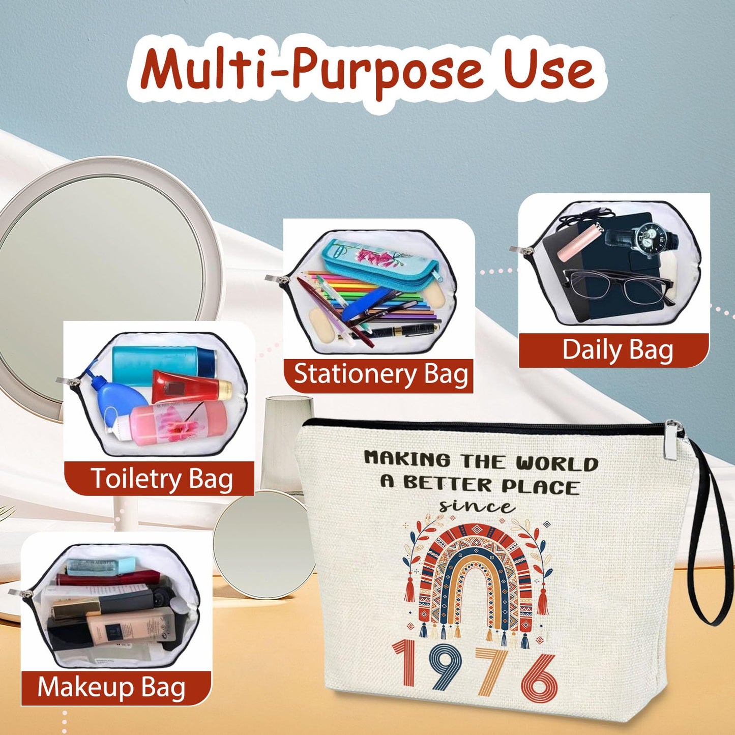 50th Birthday Gifts For Her 1976 Year BOHO Theme Makeup Bag 50 Years Old Birthday Decorations Funny Gift Ideas For Women Grandma Mom Wife Sister Aunt Friend Travel Cosmetic Bags For Christmas