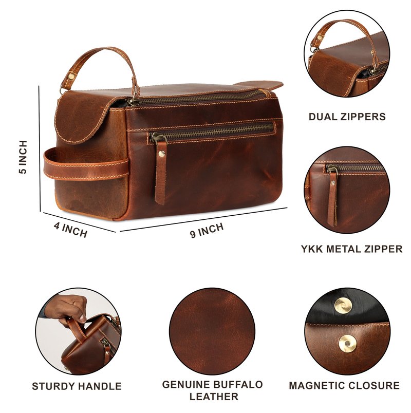 KomalC Premium Buffalo Leather Toiletry Bag for Men & Women With Water resistant Lining, Grooming Travel Pouch, Unisex Wash Bag for Toiletries, Gifts for Men and Women