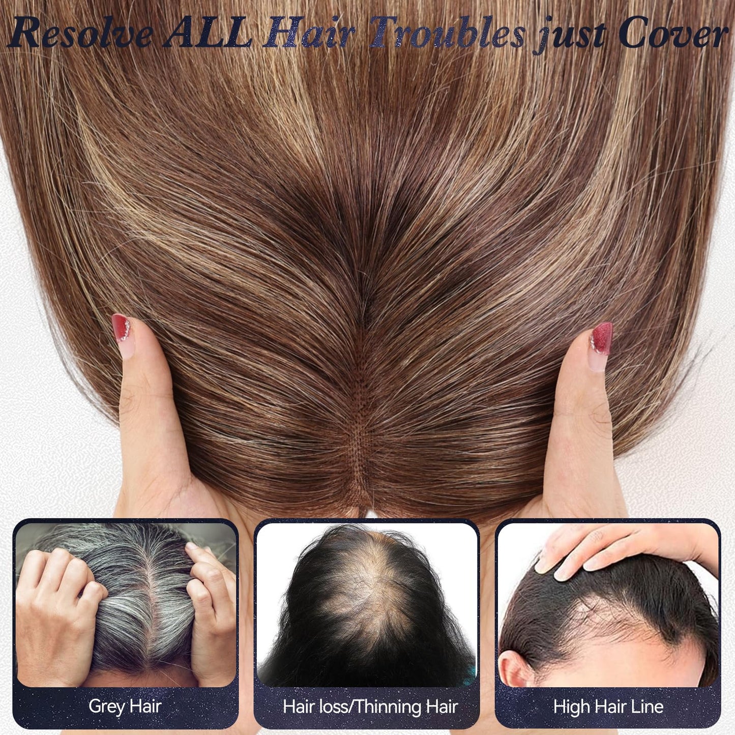 starluck 6x5 inch Large Swiss Base SilkHug 14 Inch Real Human Hair Toppers,60 Gram, 100% Real Human Hair Toppers for Women with thinning (Mixed Brown, with Bangs) T4/4/BC#