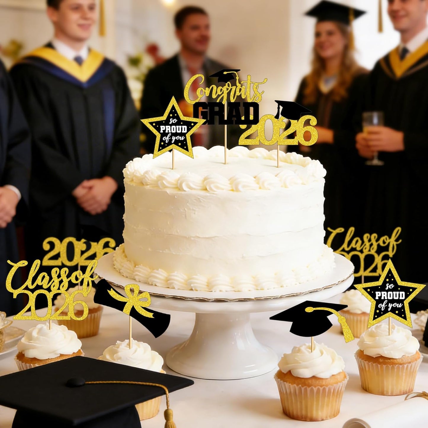Graduation Cupcake Toppers - 48 PCS Black & Gold Congrats Grad Decorations | Glittery Cap & Diploma Picks for 2026 Party