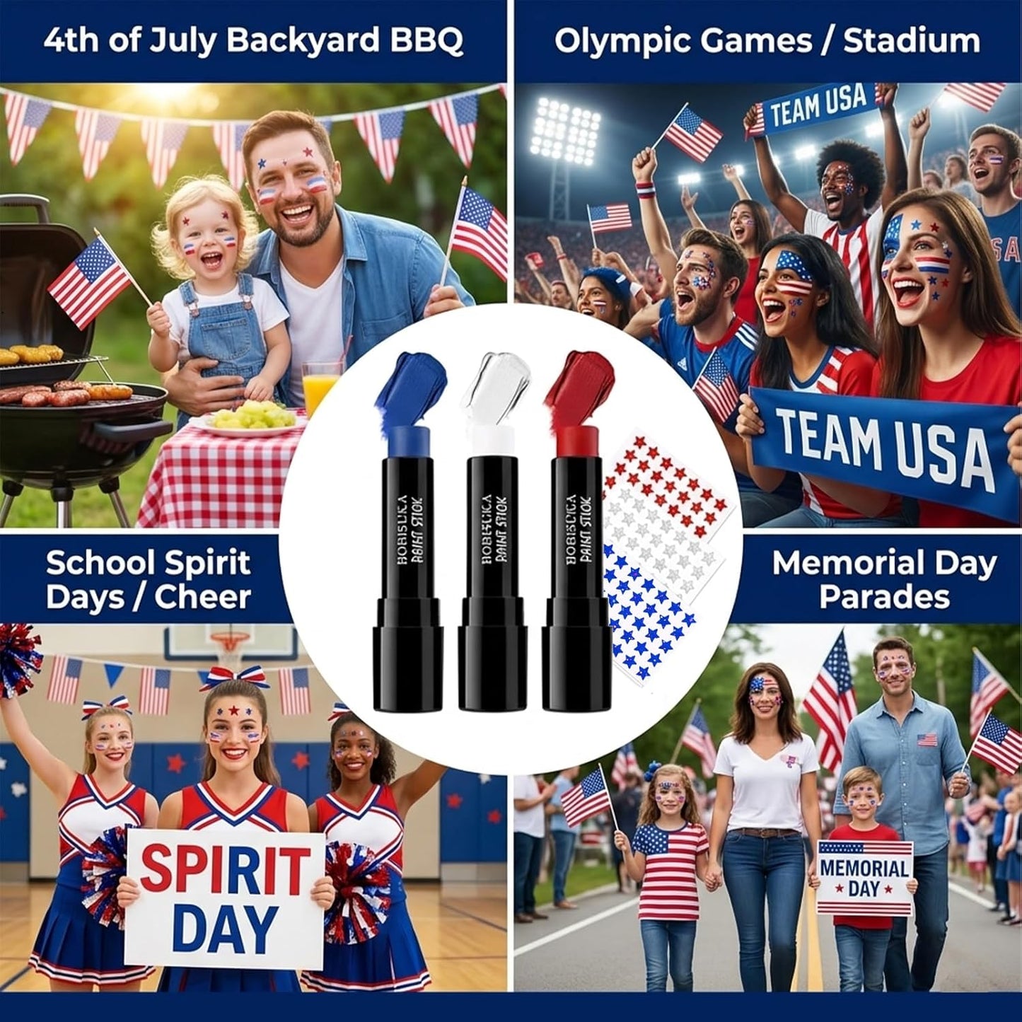 Face Paint Stick Set - Red, White & Blue Cream Makeup for Kids & Adults | 3 Glitter Star Stickers for 4th of July Events