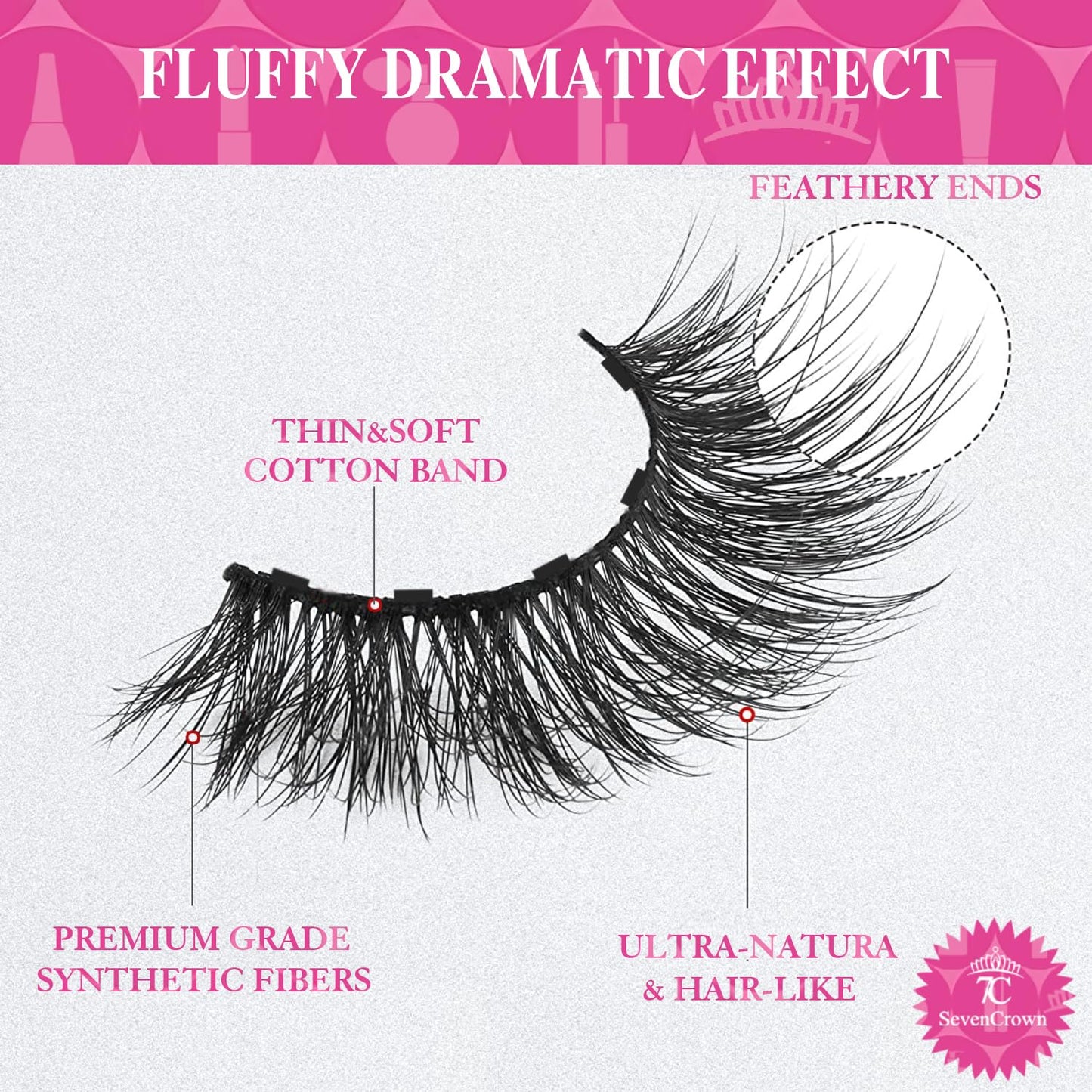 7C SevenCrown Magnetic Eyelashes with Eyeliner Kit, Fluffy Mink Lashes Cat-Eye Look 18-21MM Wispy Long 8D Luxury Volume Fake Eyelash 10 Pairs Cruelty-Free&Vegan
