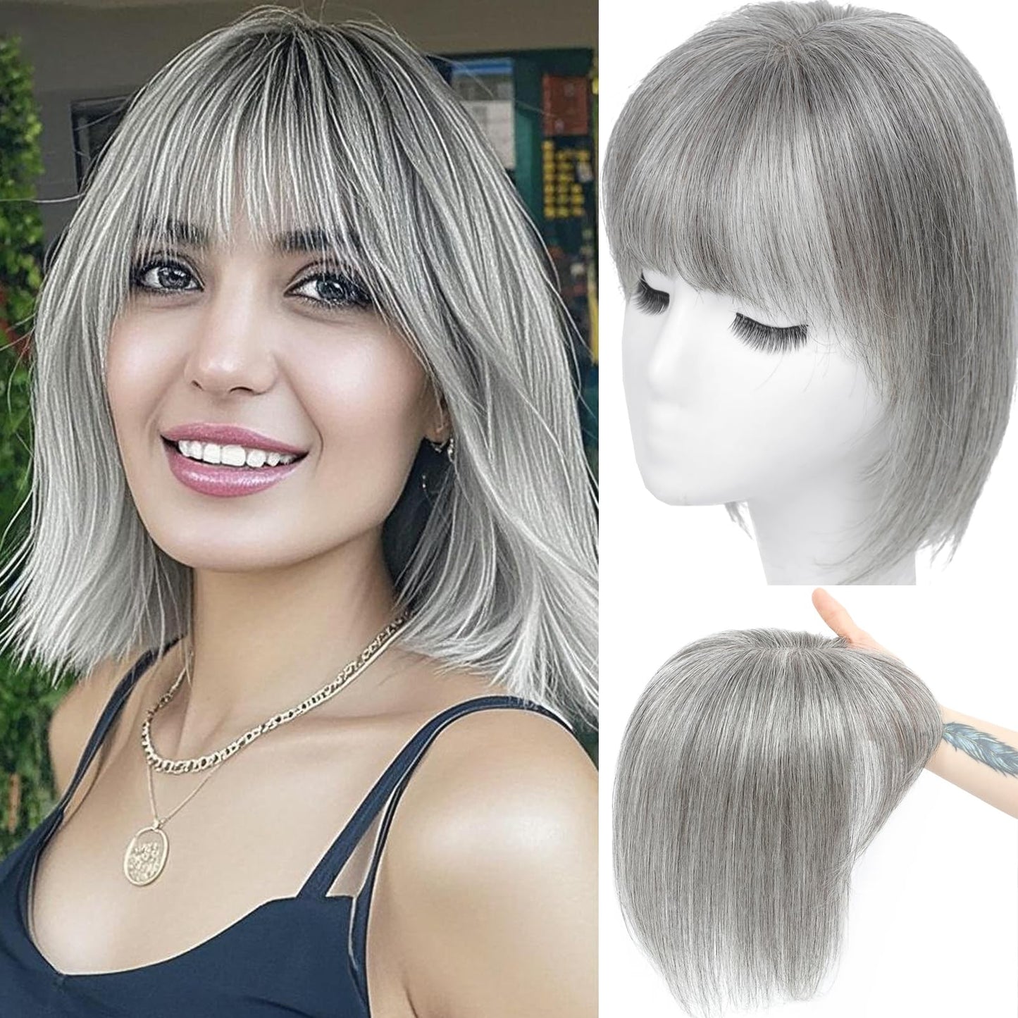 Hair Topper For Women Real Human Hair 10 Inch Super Lightweight Invisible Base Toppers Hairpieces for Women with Thinning Crown Fluffy Breathable for Summer Daily Wear(Dark Gray, Wispy Bangs)