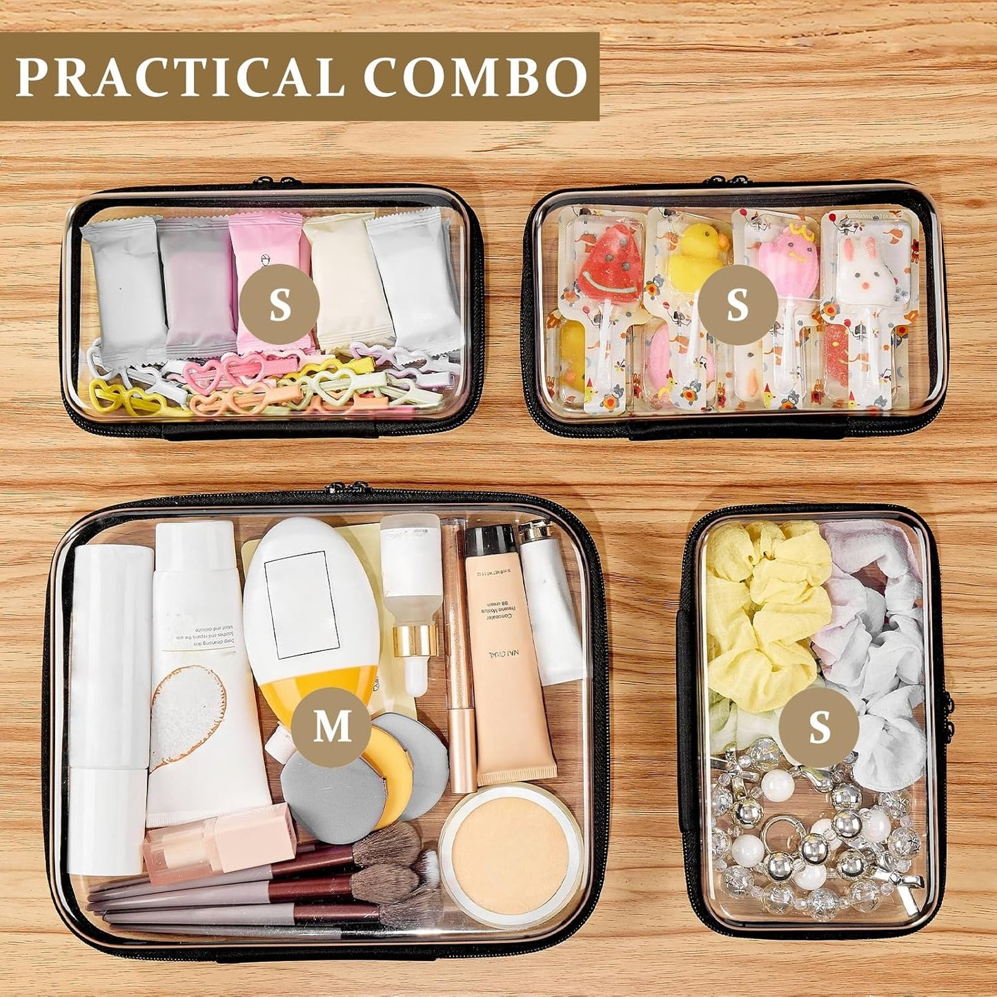 Clear Zipper Pouches - Hard Shell Toiletry Bag Set for Travel | 4 Pack, Black