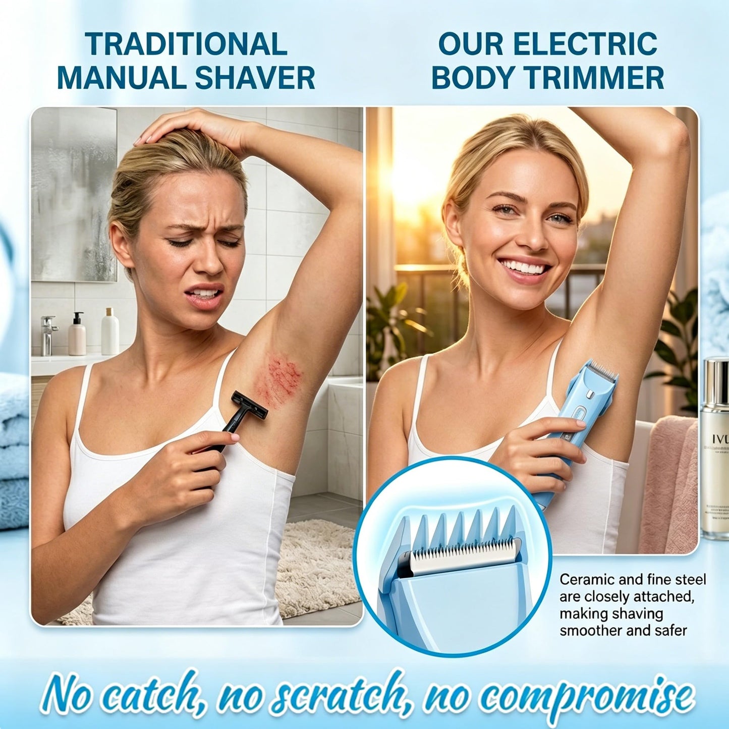 OGLEA Bikini Trimmer for Women, 2 in 1 Electric Razor with LED Light & Battery Display, Rechargeable Cordless Hair Trimmer for Face Underarm Pubic Legs, Dual Washable Heads, Blue