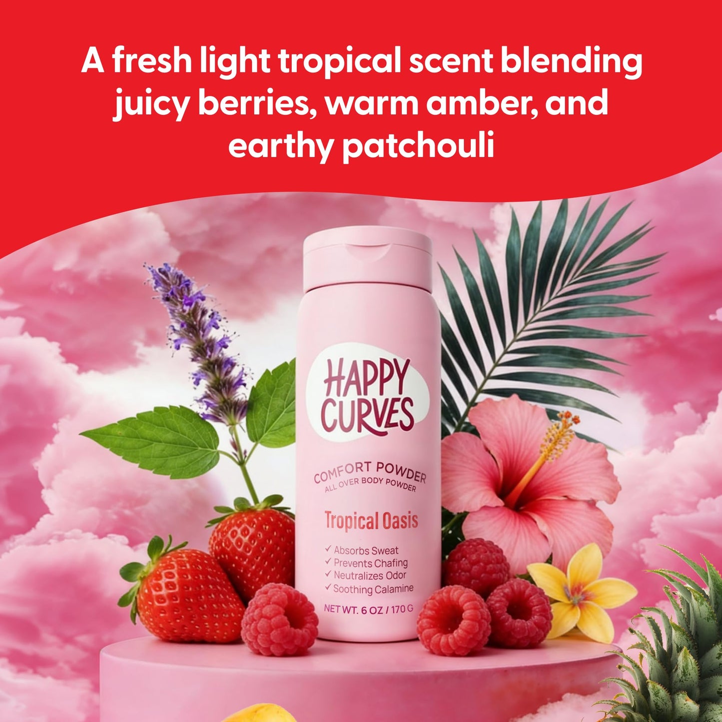HAPPY CURVES Comfort Powder: Talc Free Anti Chafe Body & Foot Dusting Powder Deodorant to Control Inner Thigh Chafing, Private Areas, and All Over Body for Women (4 Ounce (Pack of 2), Tropical Oasis)