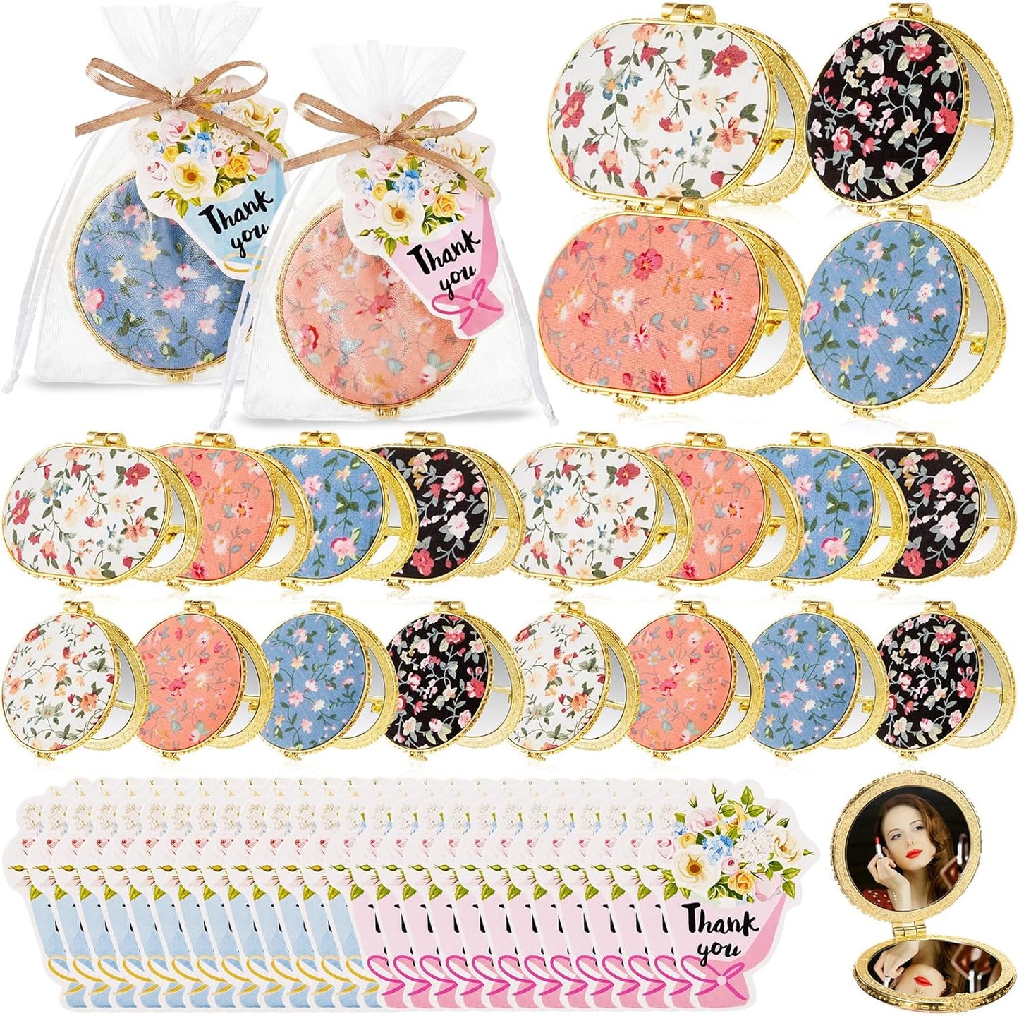 Compact Floral Pocket Mirror Set - 8 Gift Mirrors with Organza Bags & Thank You Cards | Perfect for Diwali, Weddings & Parties