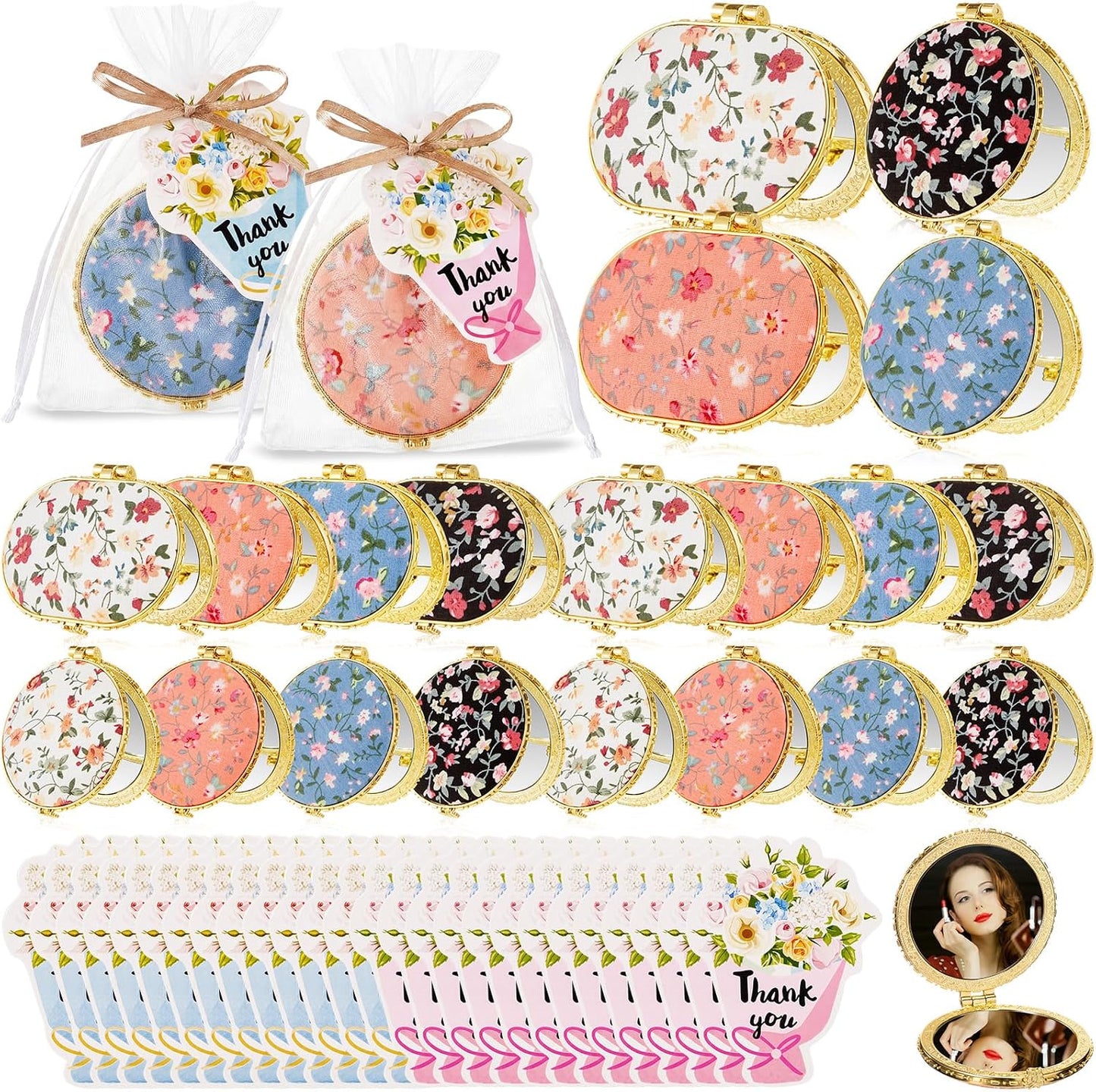 Compact Mirror Set for Women - Floral Pocket Mirrors with Organza Bags & Thank You Cards | Perfect for Diwali, Weddings & Parties