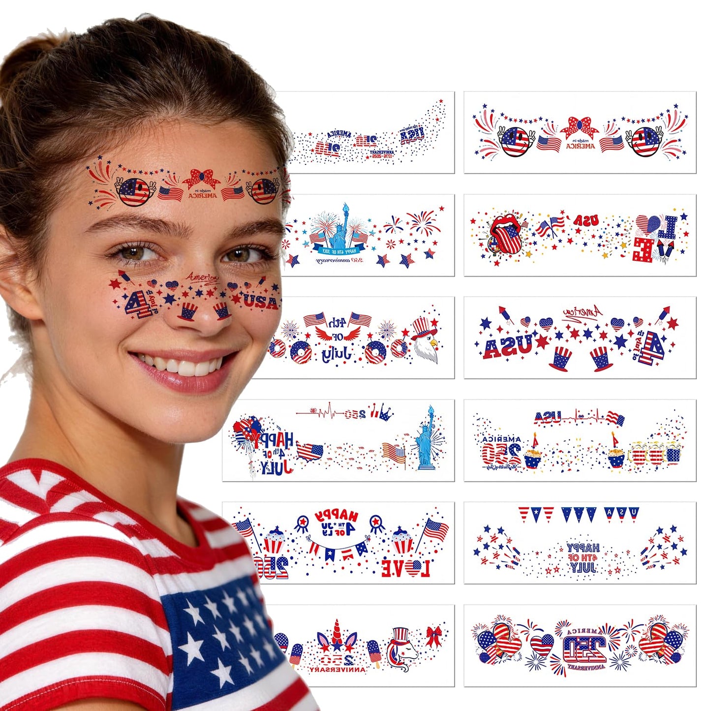 Patriotic Red, White & Blue Glitter Freckles Face Tattoos - 12PCS 4th of July Makeup Patches for Women & Kids
