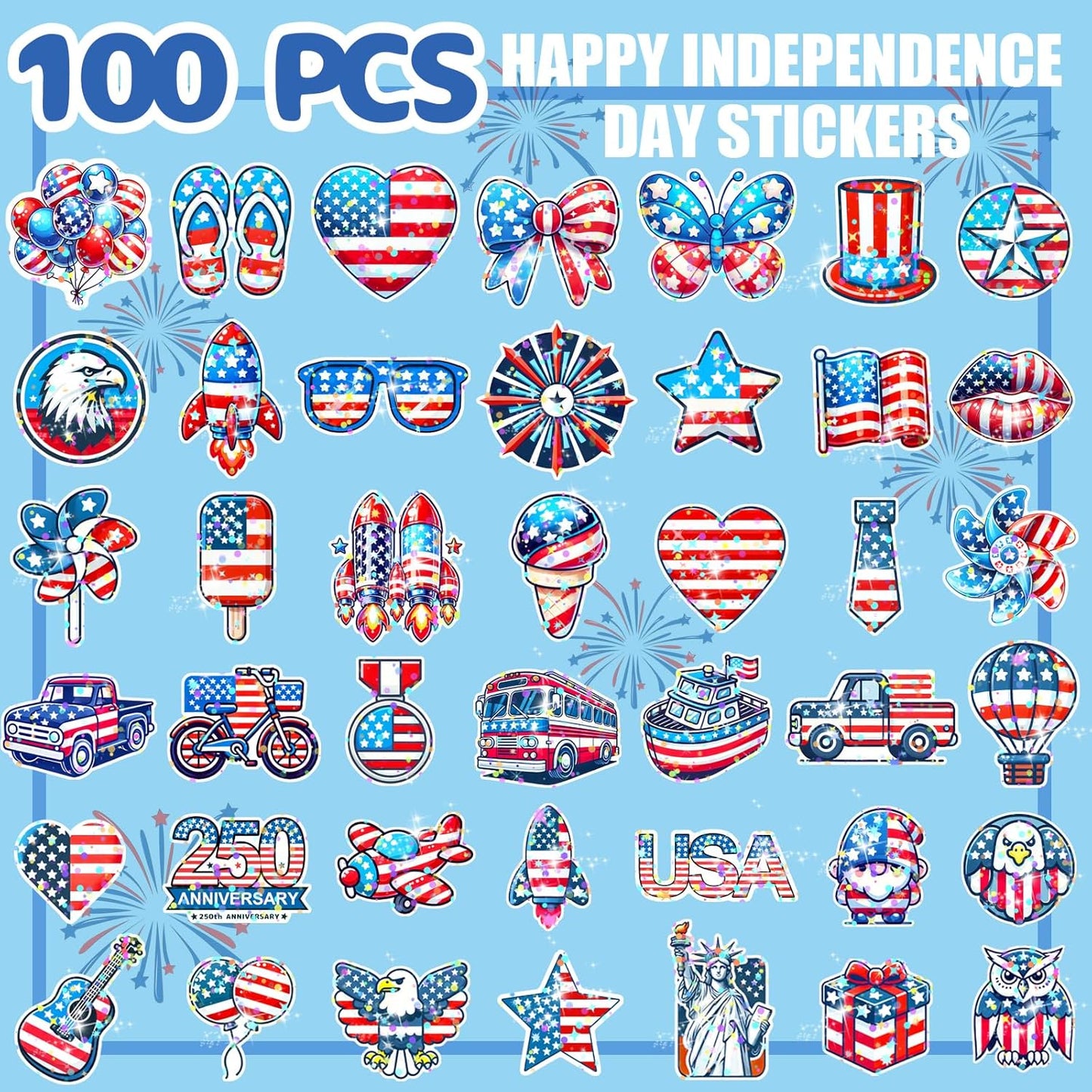 4th of July Waterproof Vinyl Glitter Stickers - Patriotic Holographic Decorations for Water Bottles, Laptops & More | 100 Pcs