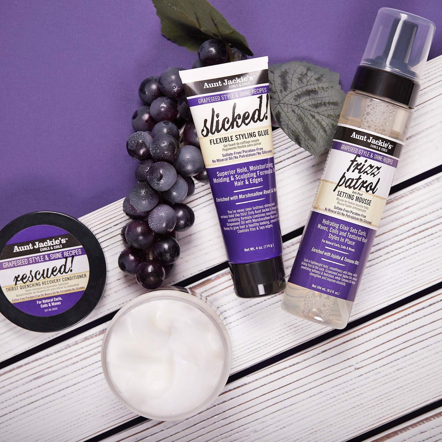 Aunt Jackie's Grapeseed Style and Shine Recipes Frizz Patrol Anti-Poof Setting Hair Mousse, Sets Curly Hair Styles in Place,Purple Fl.Oz 8.5 Ounce