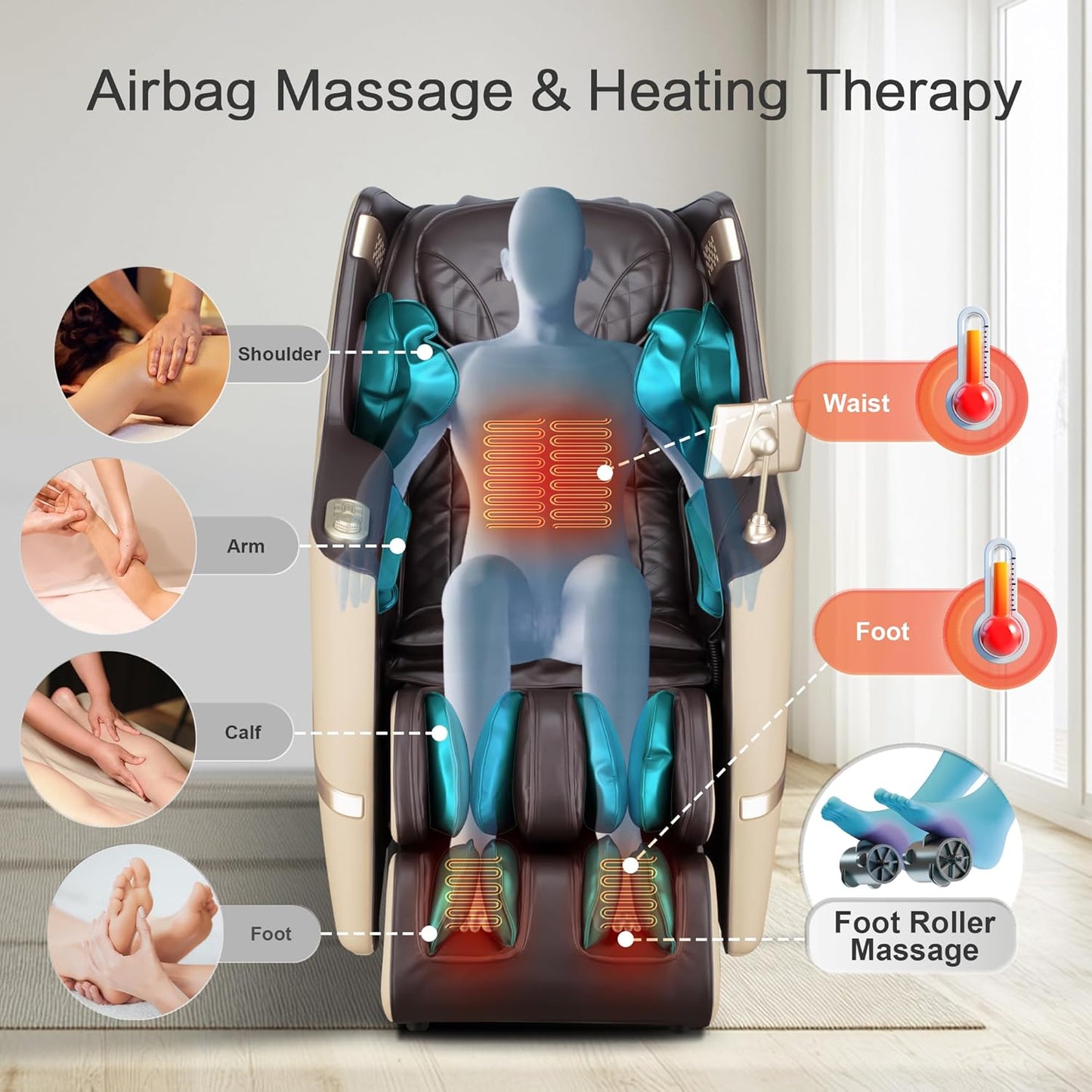iBooMas Massage Chair - 2026 SL-Track Zero Gravity Shiatsu Recliner with 12+6 Modes & Heat Therapy | Beige & Brown