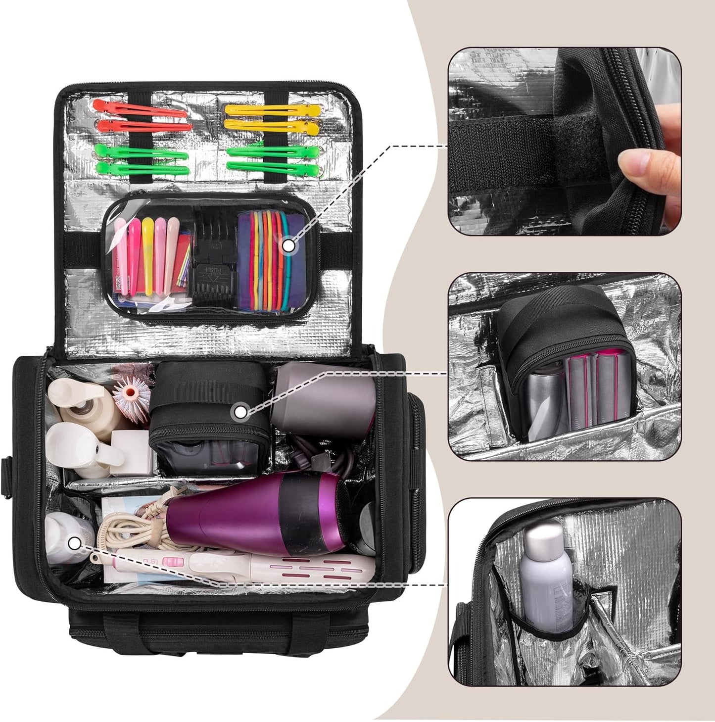 Large Insulated Barber Case - Hairstylist Travel Bag with Detachable Divider & 2 Removable Pouches | Black