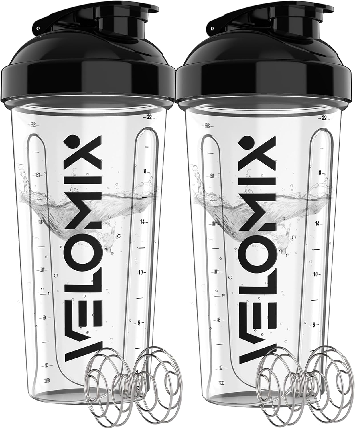 Protein Shaker Bottles - 28 oz Leak Proof Shaker Cups with 2 Wire Whisks | 2-Pack (Black/Transparent)