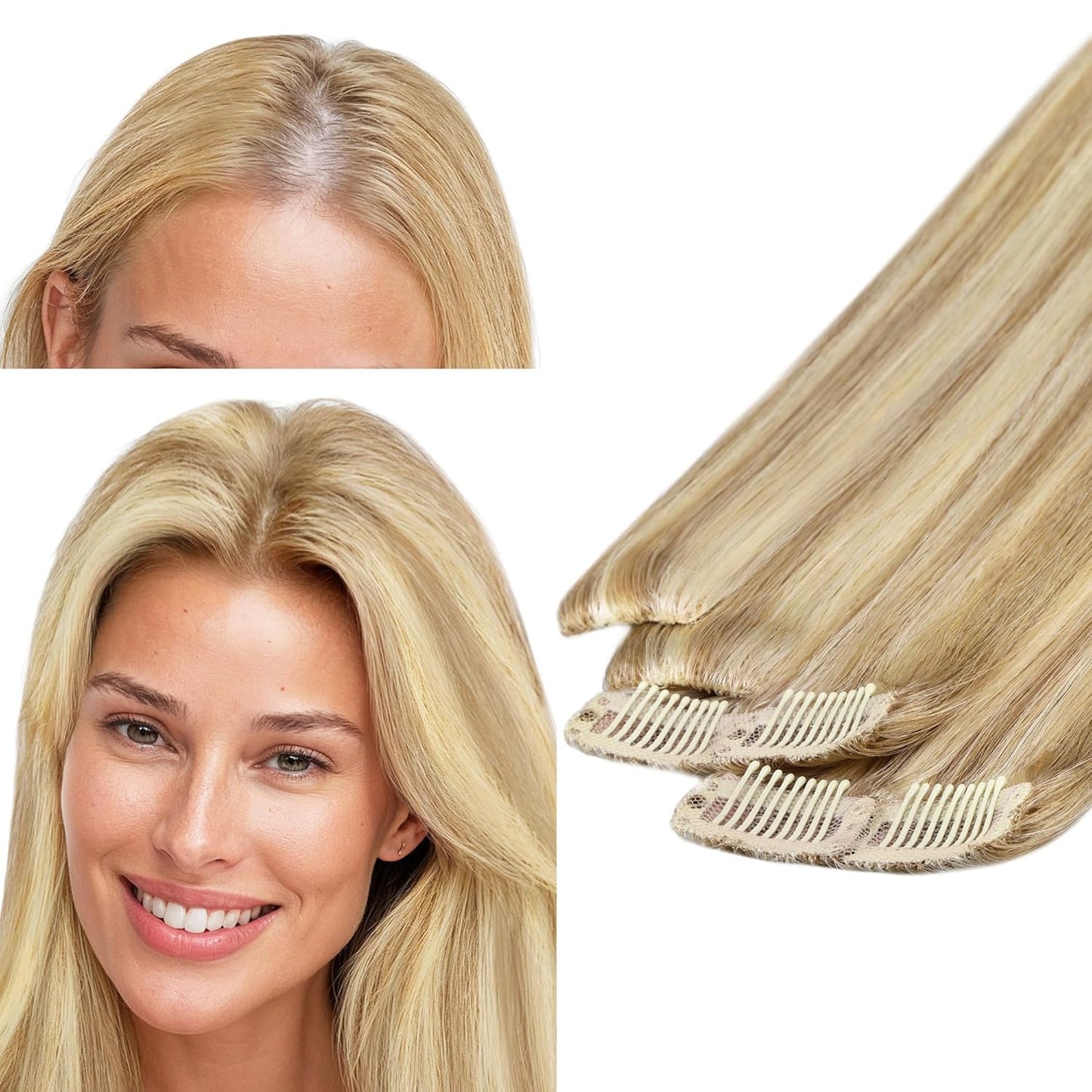 Scalp Hair Fill Ins - Clip-In Human Hair Extensions for Thinning Hair | 18-Inch Balayage 4/27/4 Chocolate Brown to Caramel Blonde, 30g, 4 Pcs