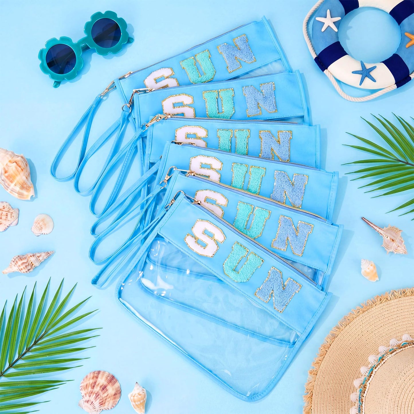 Kacctyen 6 Pcs Sun Bags Chenille Letter Clear Makeup Bag with Zipper Waterproof Cosmetic Toiletry Pouch with Handle Gym Travel Summer Gifts for Women Girls(Blue, SUN)